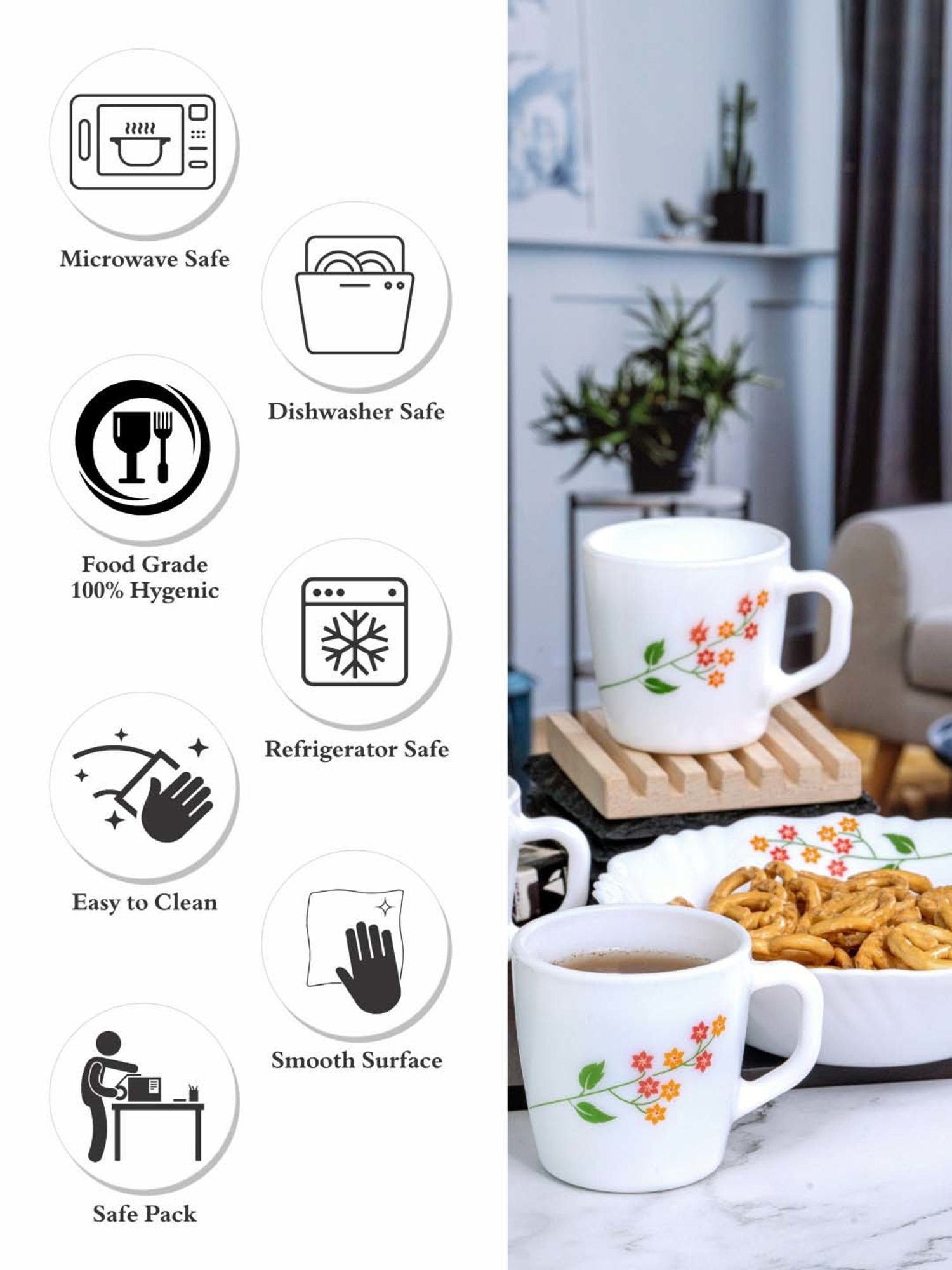 Cello White Opalware 4 Ricca Mug & 1 Bowl  (0.18 L)