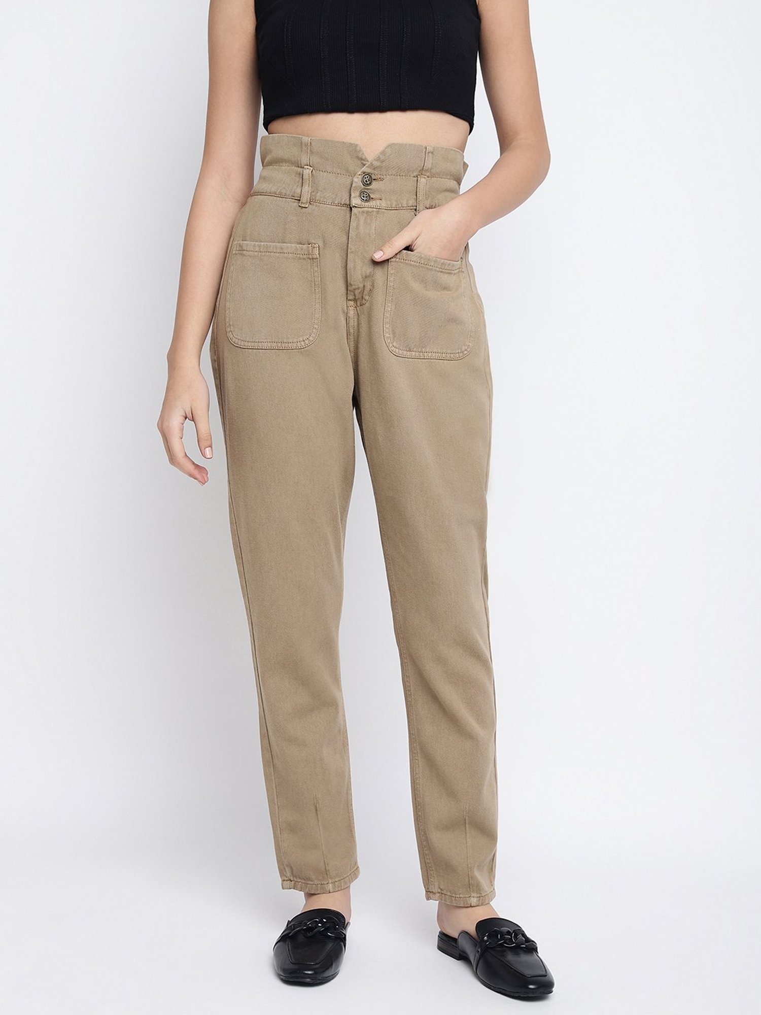 Tales & Stories Khaki Regular Fit High Rise Jeans