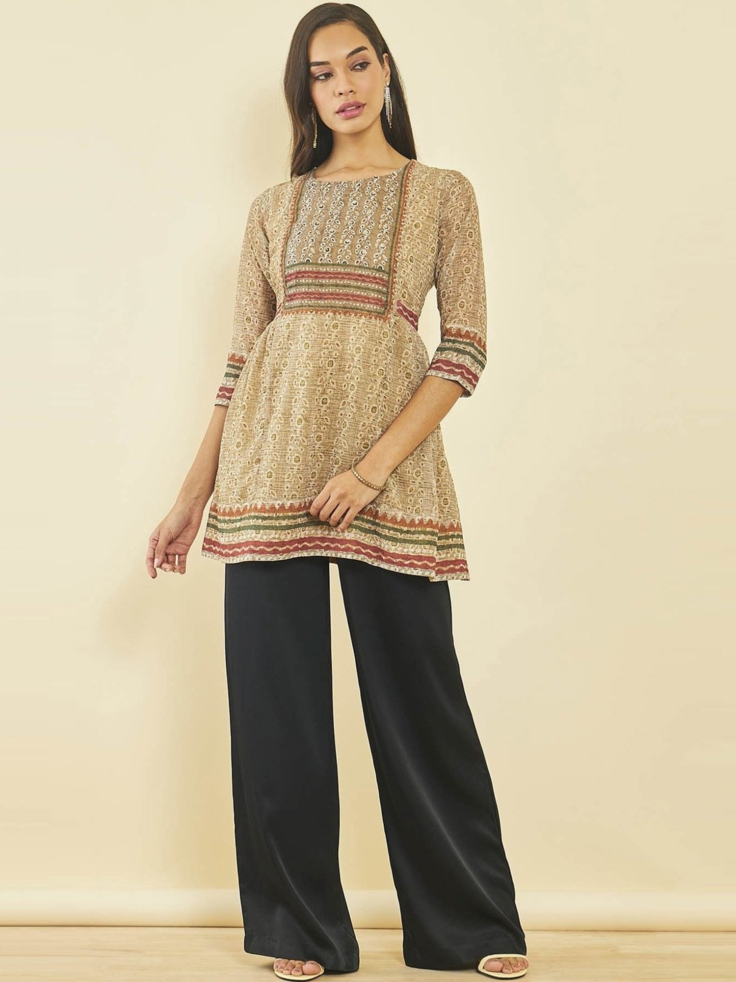 Soch Beige Georgette Floral Print Round-Neck Tunic with Beadwork