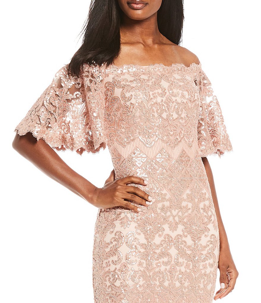 Tadashi Shoji Off-the-Shoulder Sequin Lace Scalloped Hem Gown
