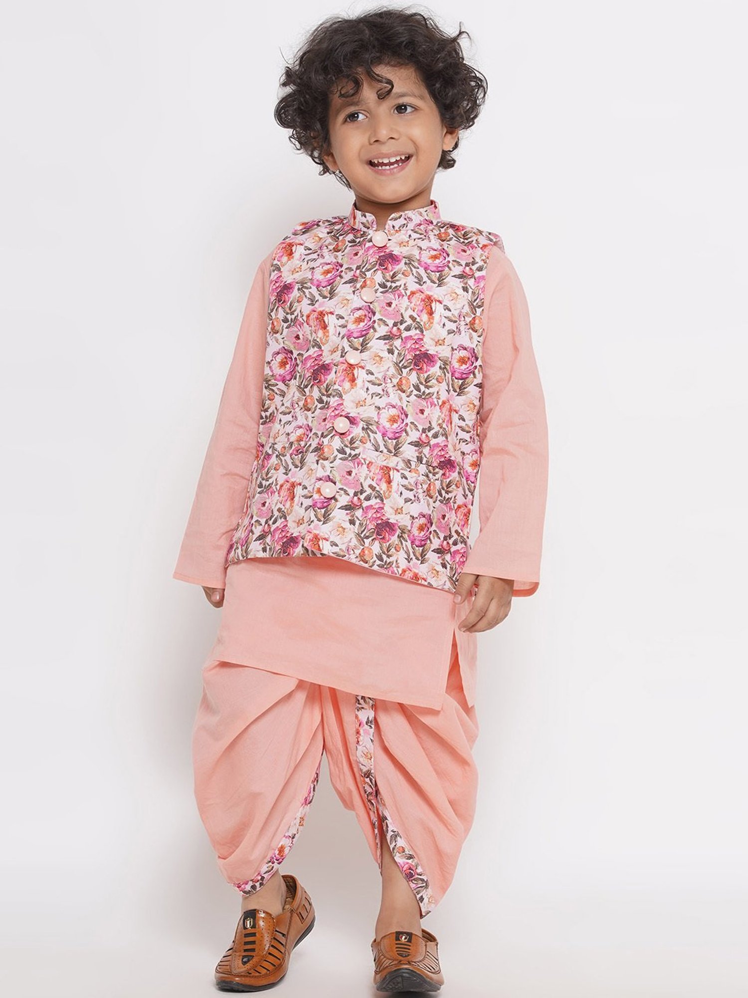 Little Bansi Kids Peach Floral Print Full Sleeves Kurta, Dhoti with Jacket