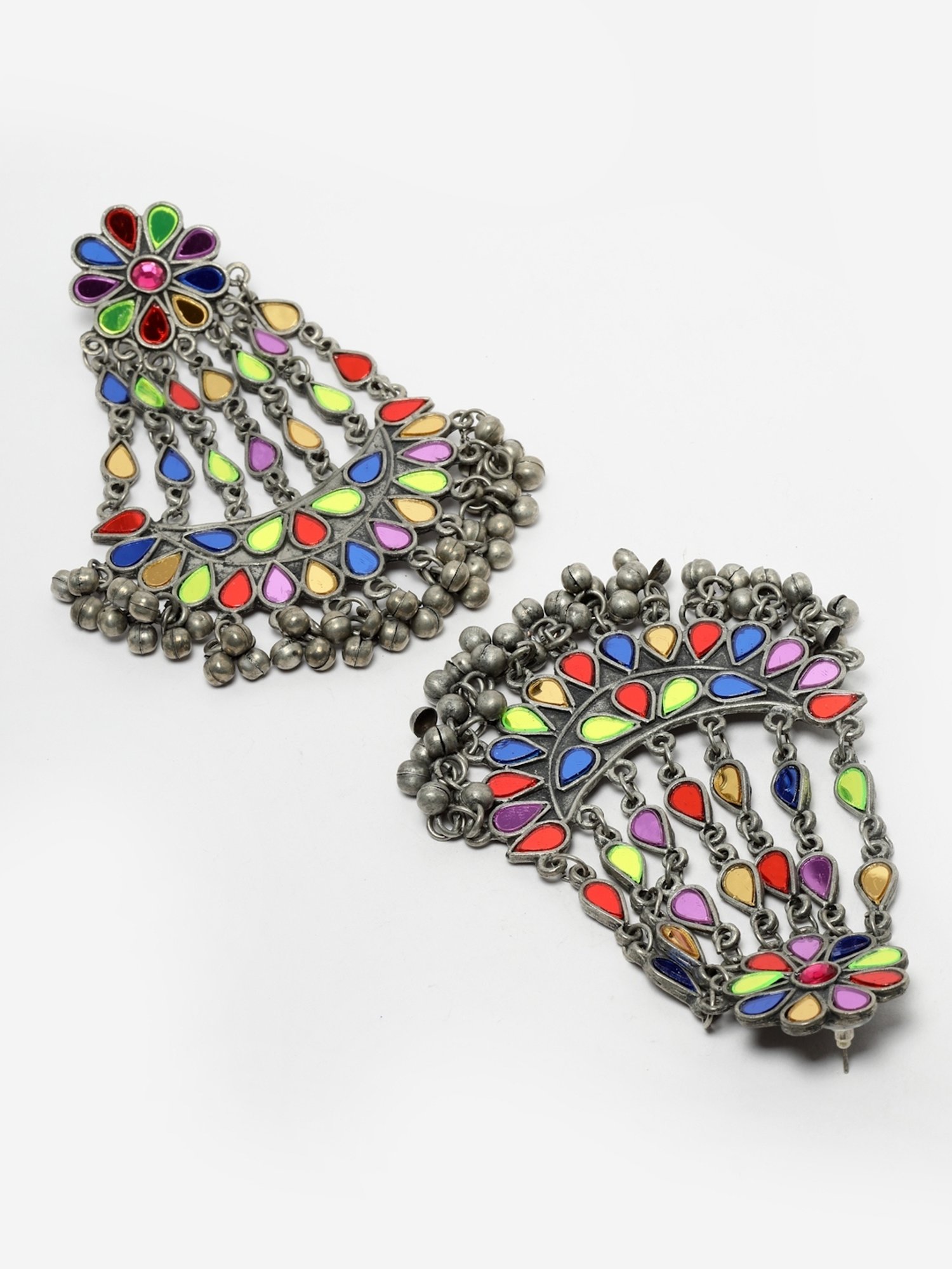 Moedbuille Mirror Work Afghan Tribal Design Oxidized Silver-Plated Handcrafted Tasselled Danglers