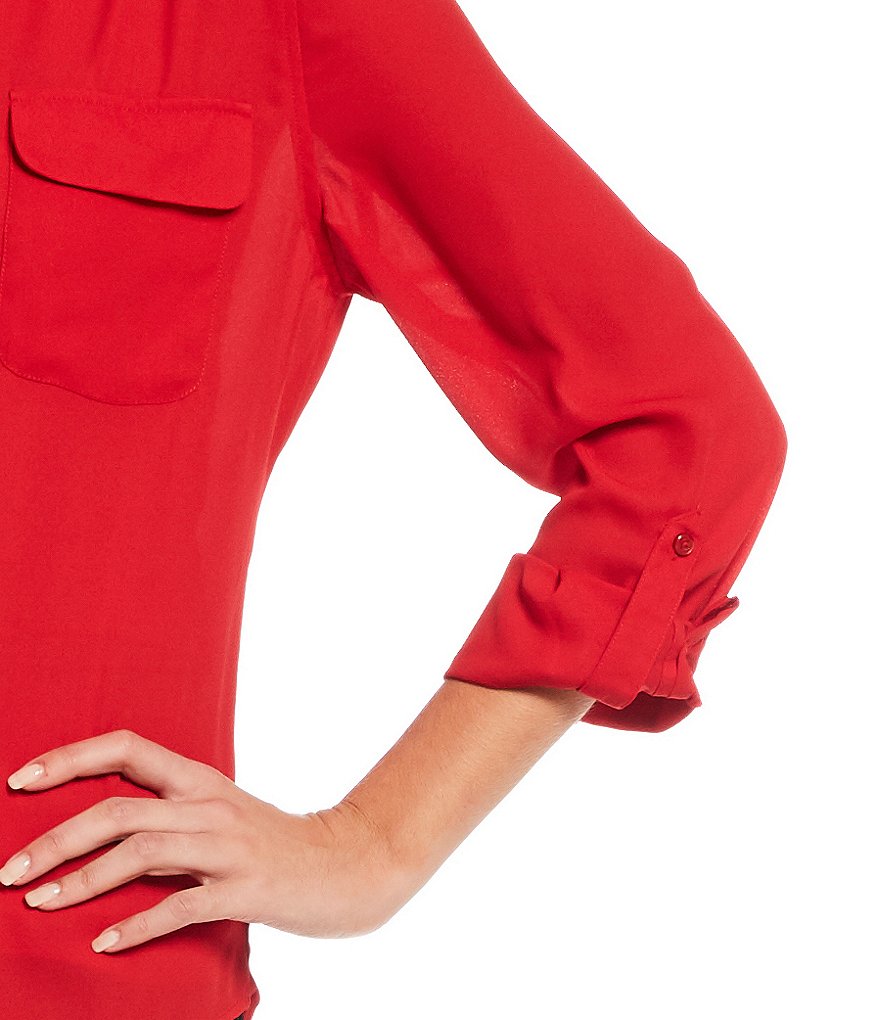 Investments Olivia Machine Washable Point Collar Neck Long Sleeve Button-Front Roll-Tab Utility Blouse