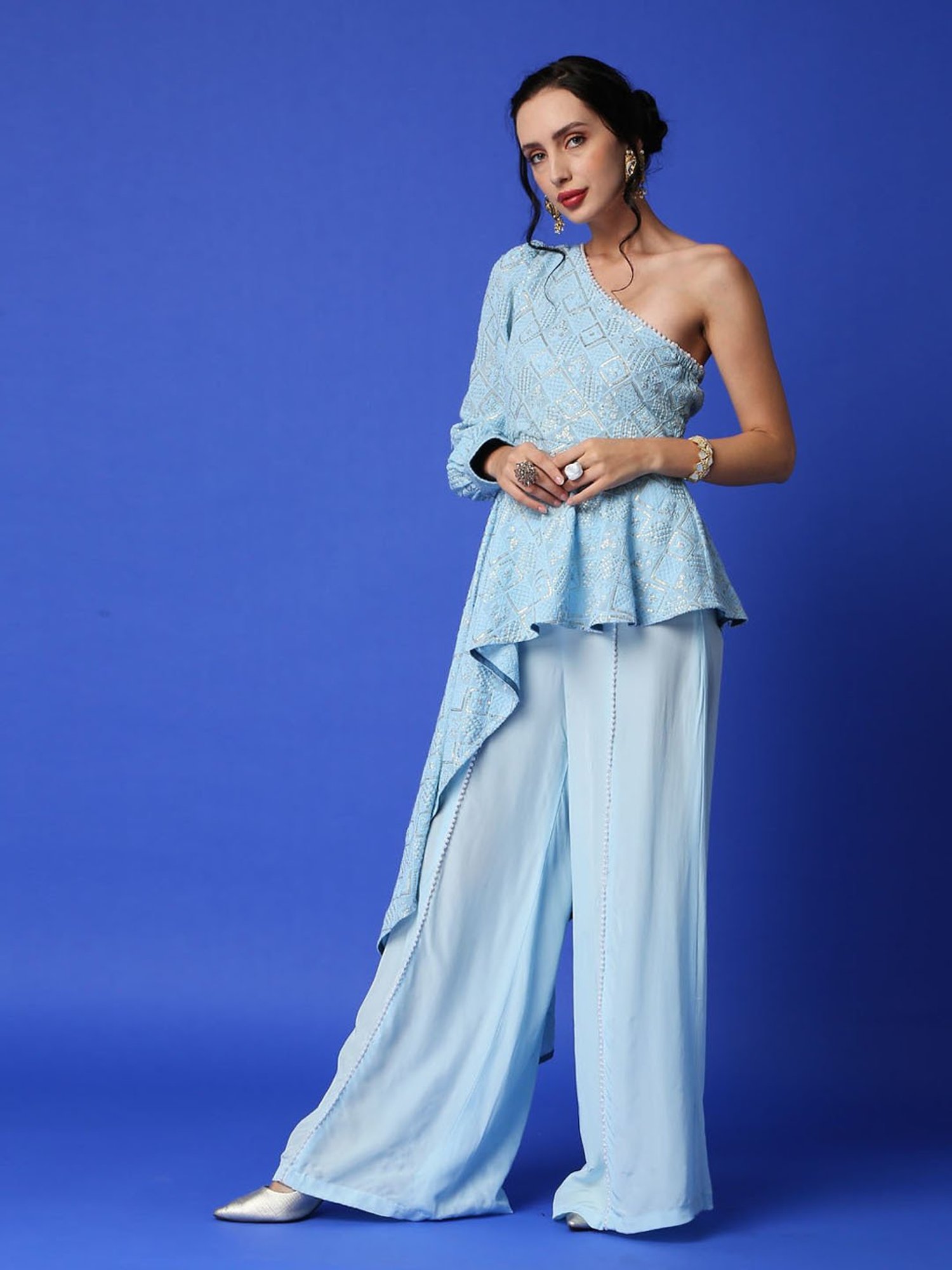 Monk and Mei Zeenat Chikankari Top & Palazzo Pants- Ice Blue