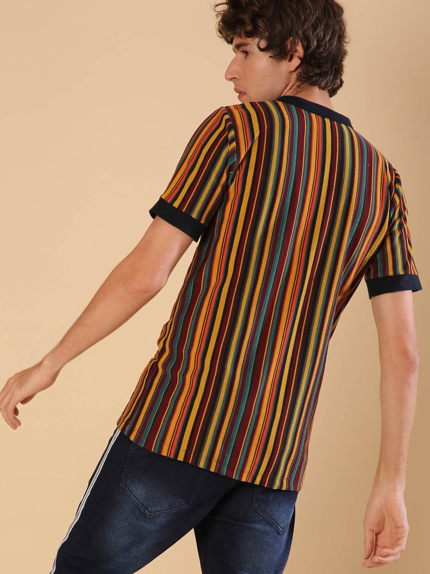 Campus Sutra Brown Striped Polo T-Shirt