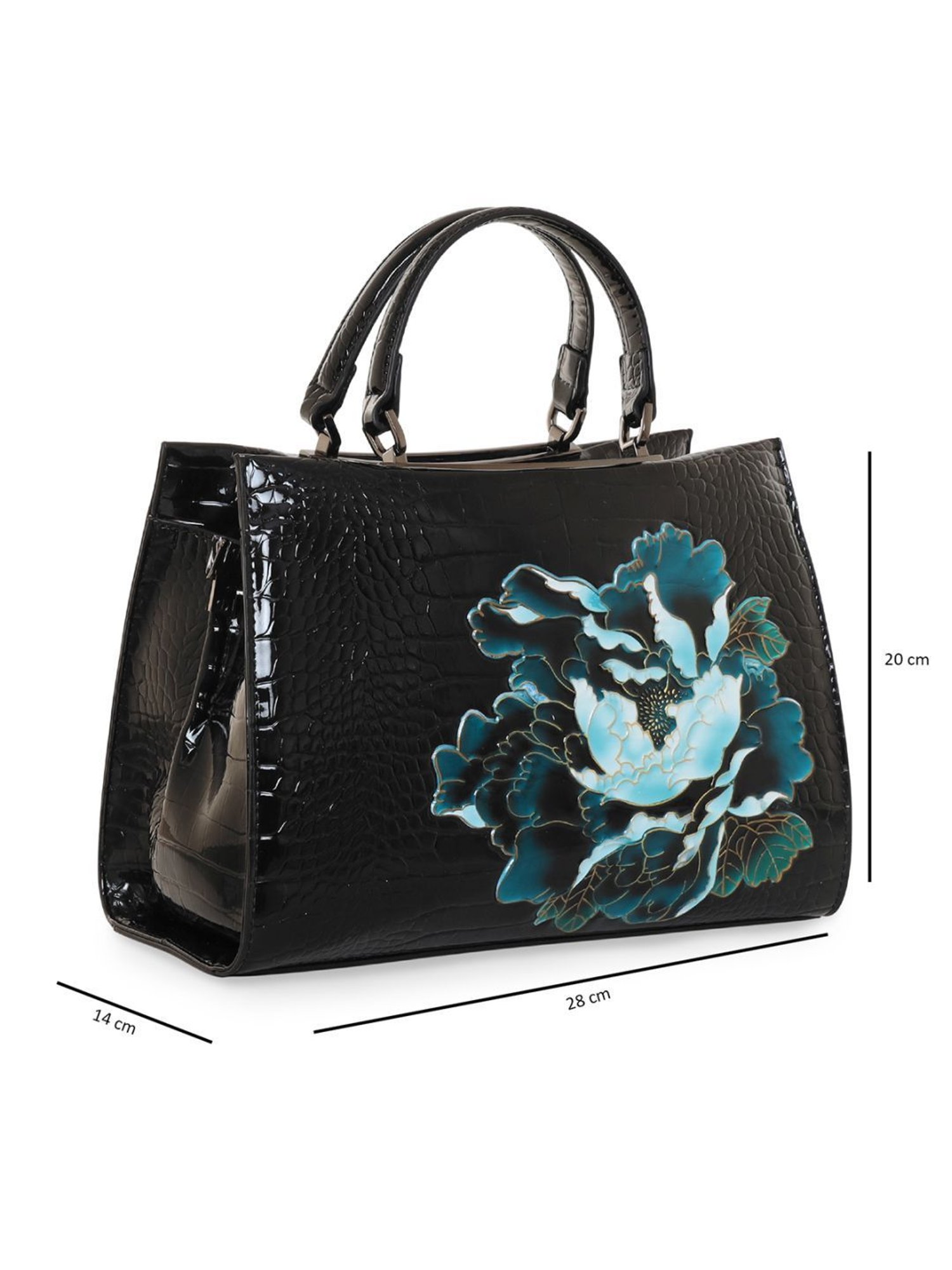 Esbeda Glossy Flower Black PU Textured Handbag