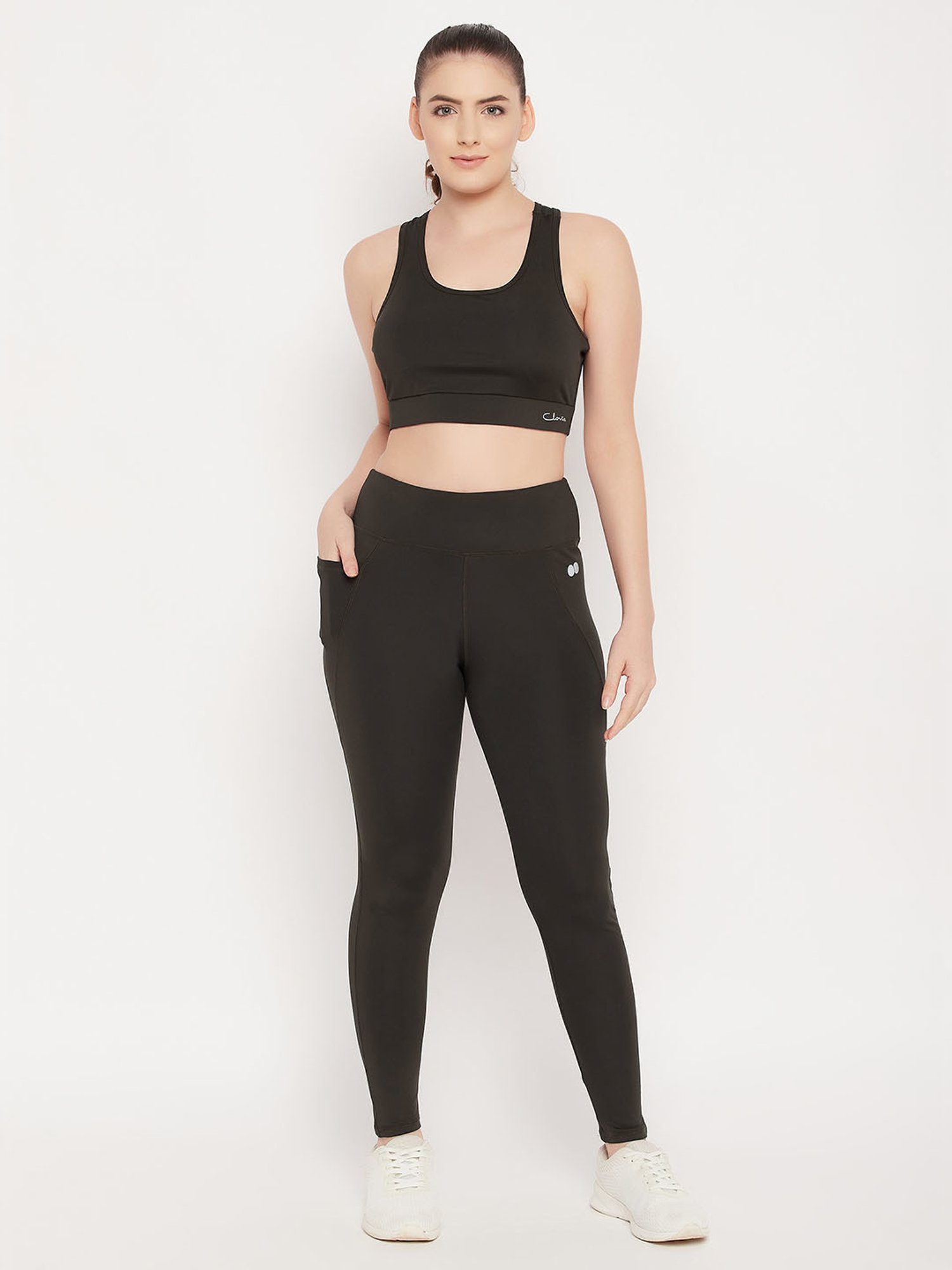 Clovia Moss Green Polyester Logo Print Sports Bra With Tights