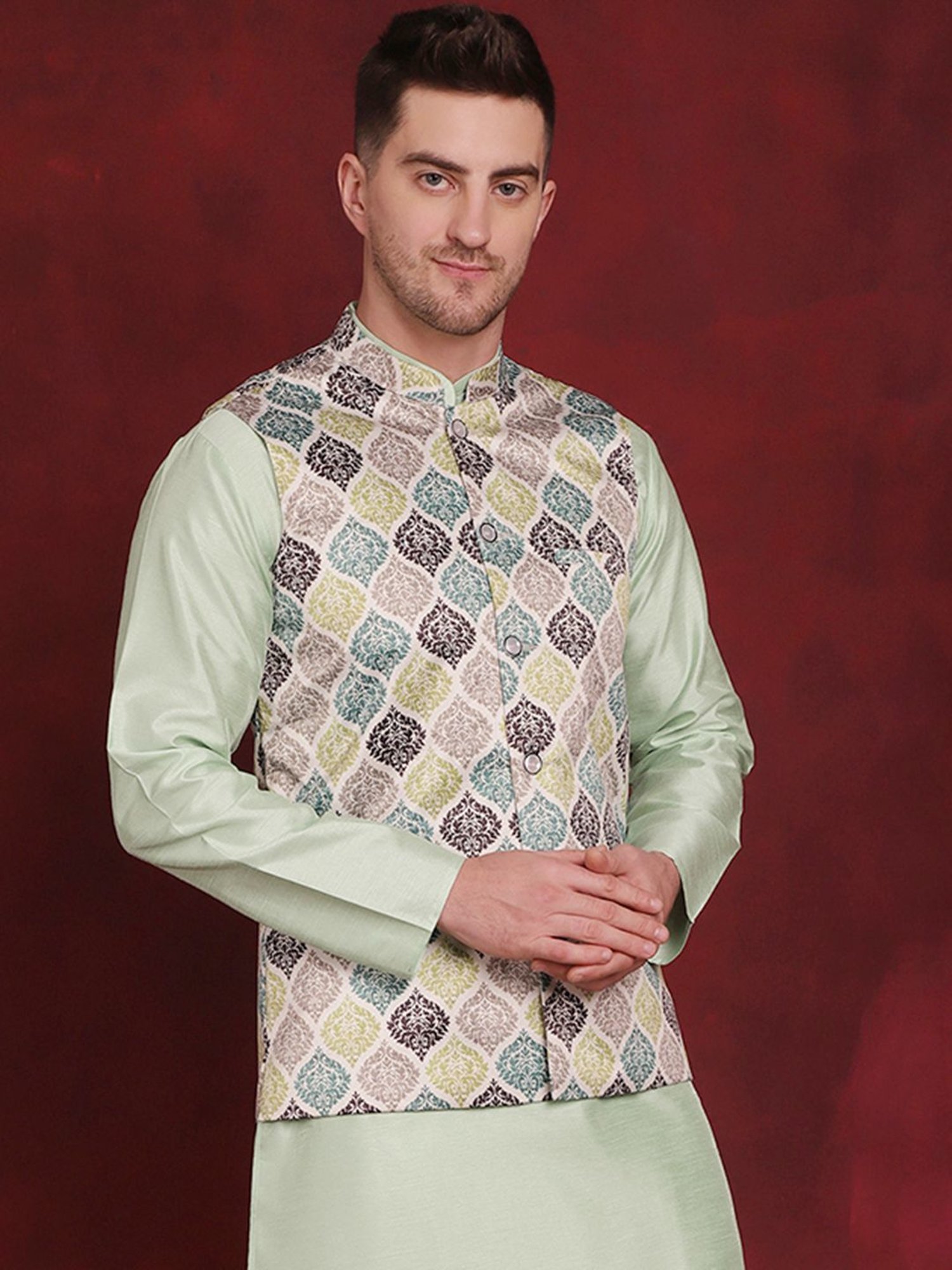 Jompers Green Regular Fit Printed Nehru Jacket