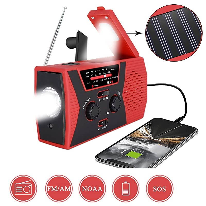 2020 Premium Version EmergencySolarHandCrankRadio Portable NOAA Weather Radios with AMFM AlarmReading Lamp2000mAh Power BankRed