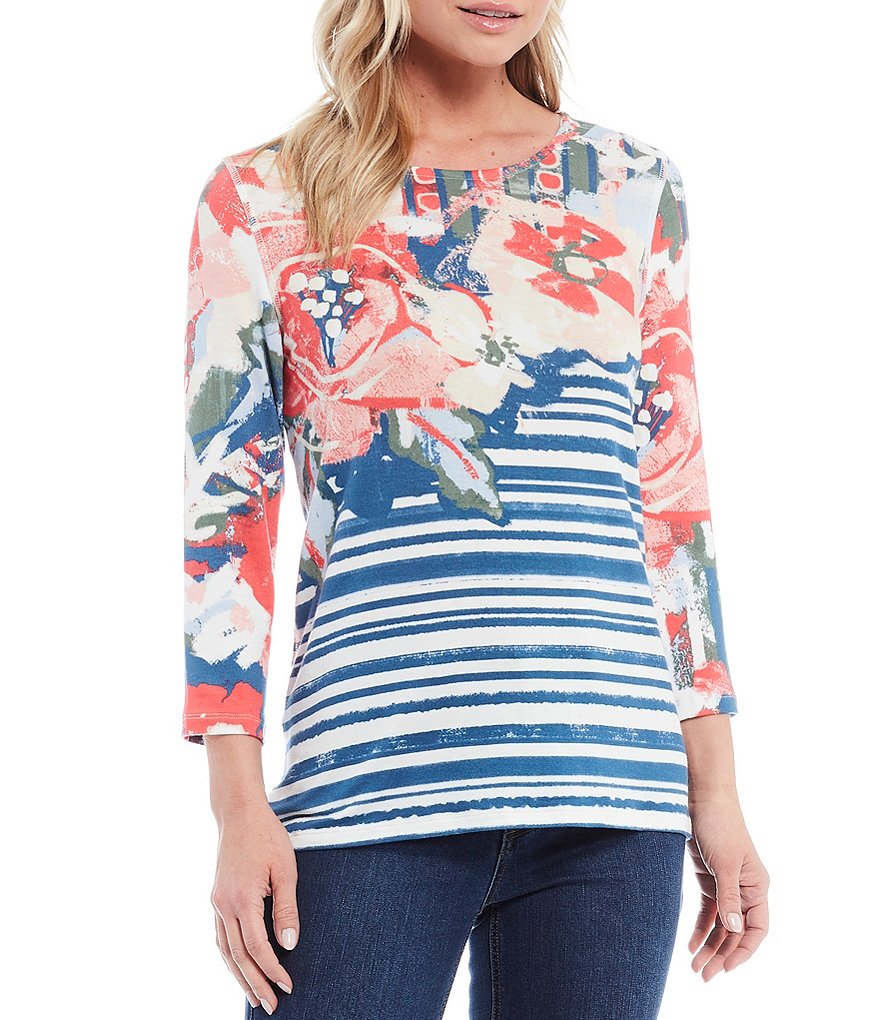 Multiples Floral Stripe Placed Print 3/4 Sleeve Baby French Terry Knit Top