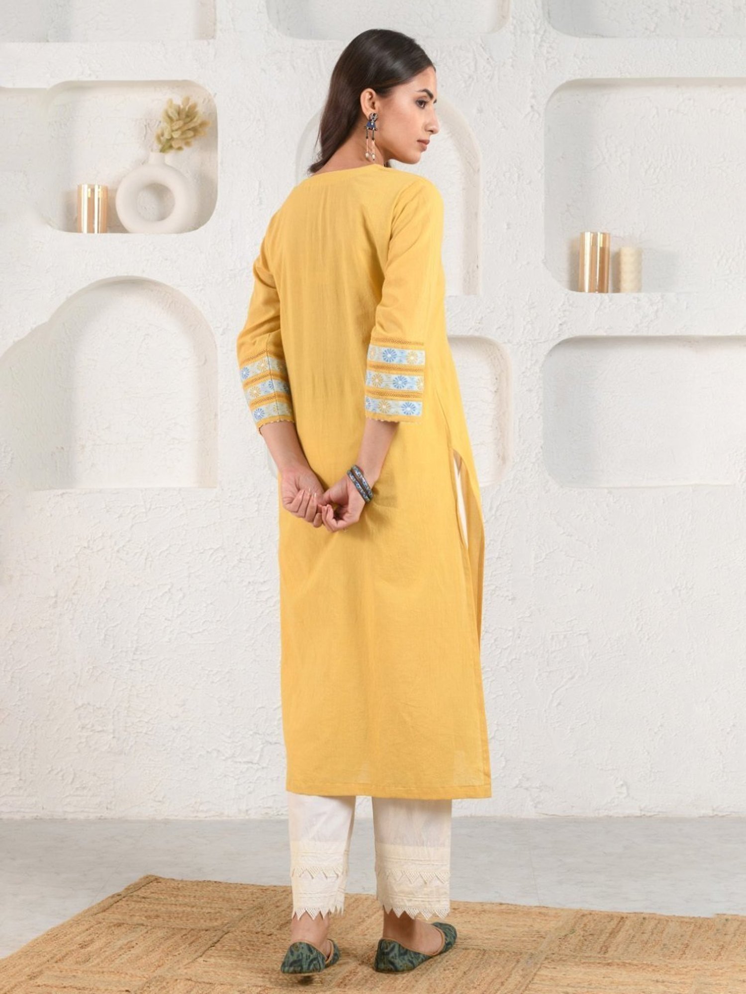 Prakriti Jaipur Yellow Embroidered Dobby Kurta
