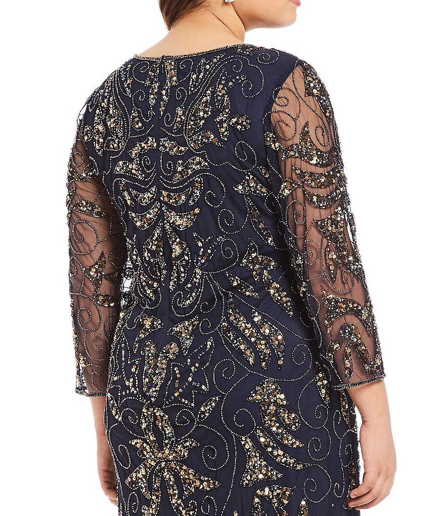 Pisarro Nights Plus Size 3/4 Sleeve Round Neck Beaded Gown