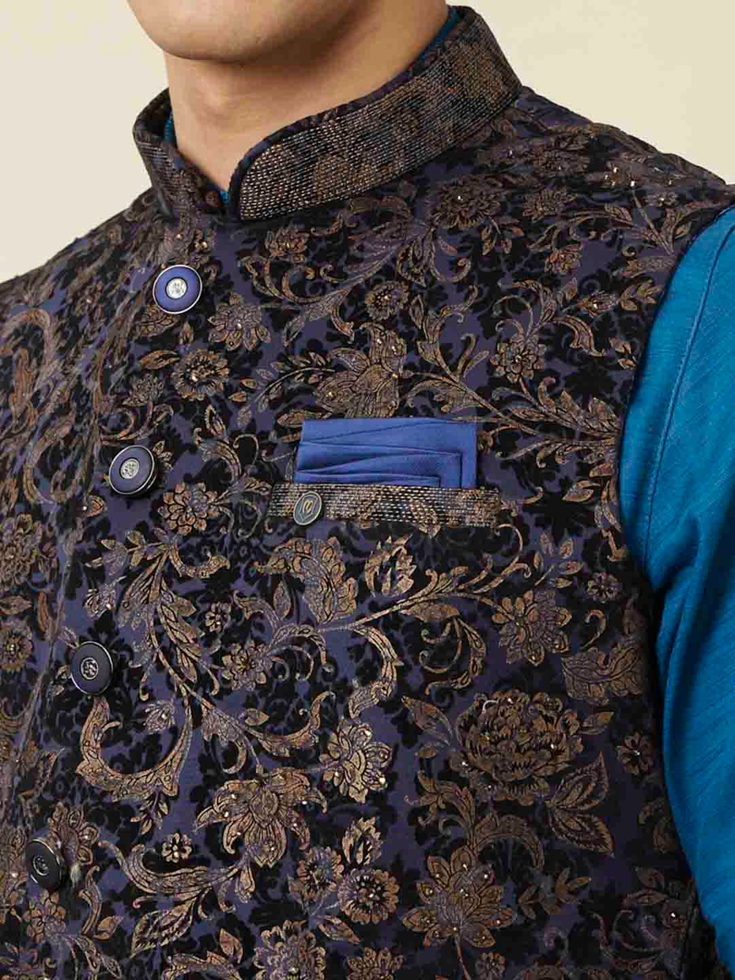 Manyavar Blue Regular Fit Printed Nehru Jacket