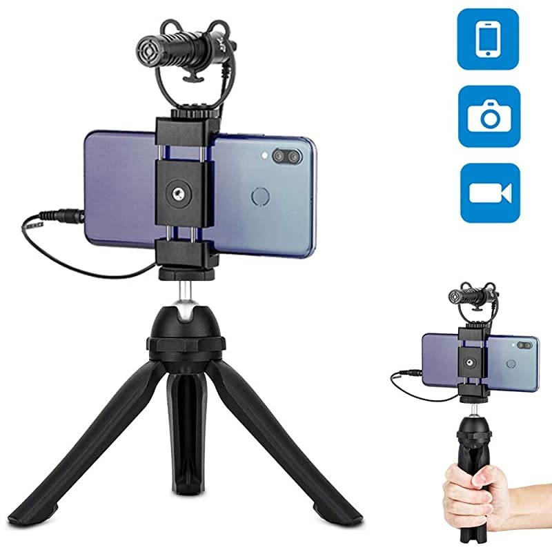 Cell Phone Tripod Stand with Cold Shoe, Tabletop Tripod with 360 Degree Ball Head, Small Vlog Handheld Tripod for iPhone Android Phone Smartphone Sports Action Camera Recorder & Compact Camera