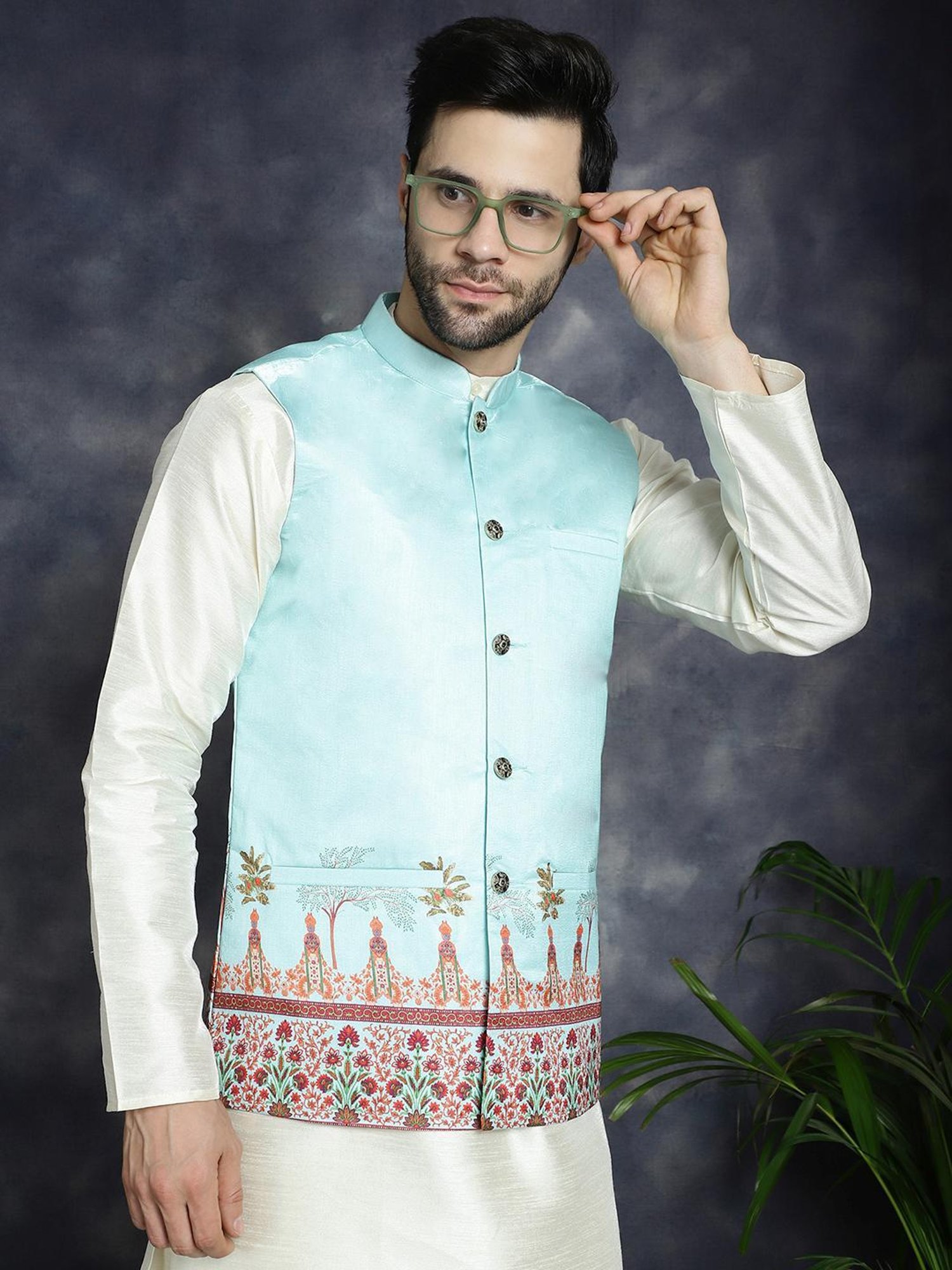 Jompers Sky Regular Fit Printed Nehru Jacket