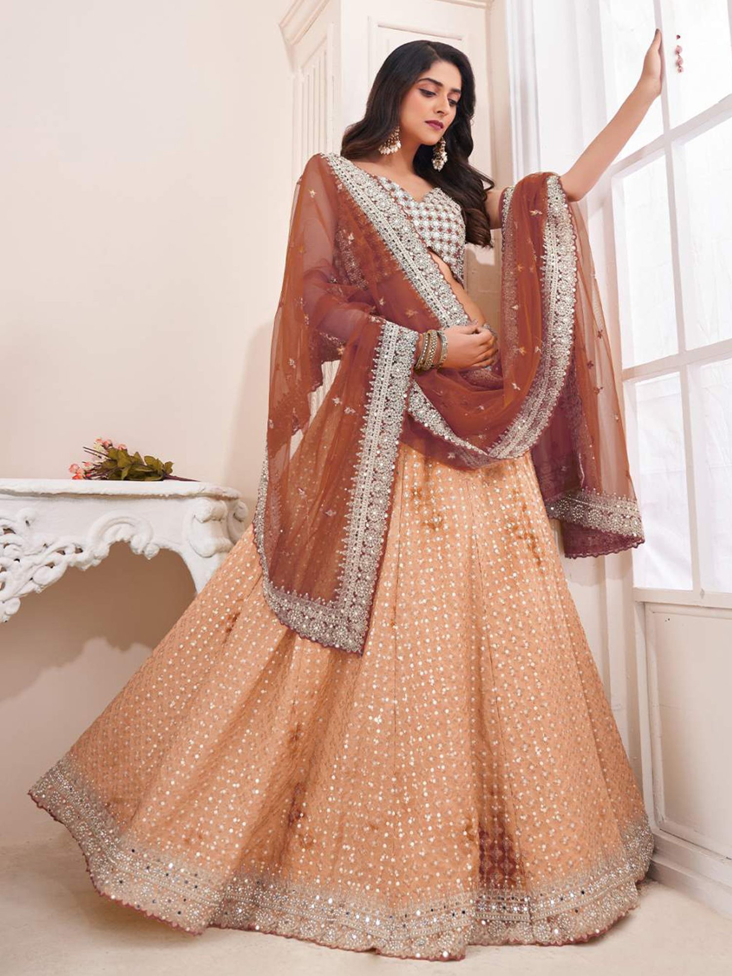 Odette Peach Embellished Semi Stitched Lehenga Blouse Set With Dupatta