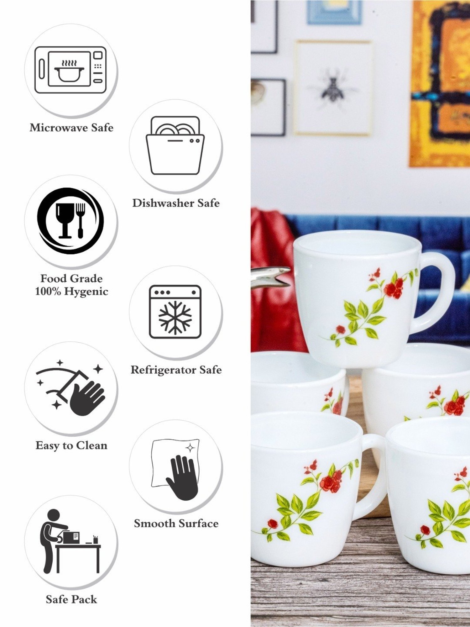 Cello White Opalware Tea & Coffee Mug - Set of 6