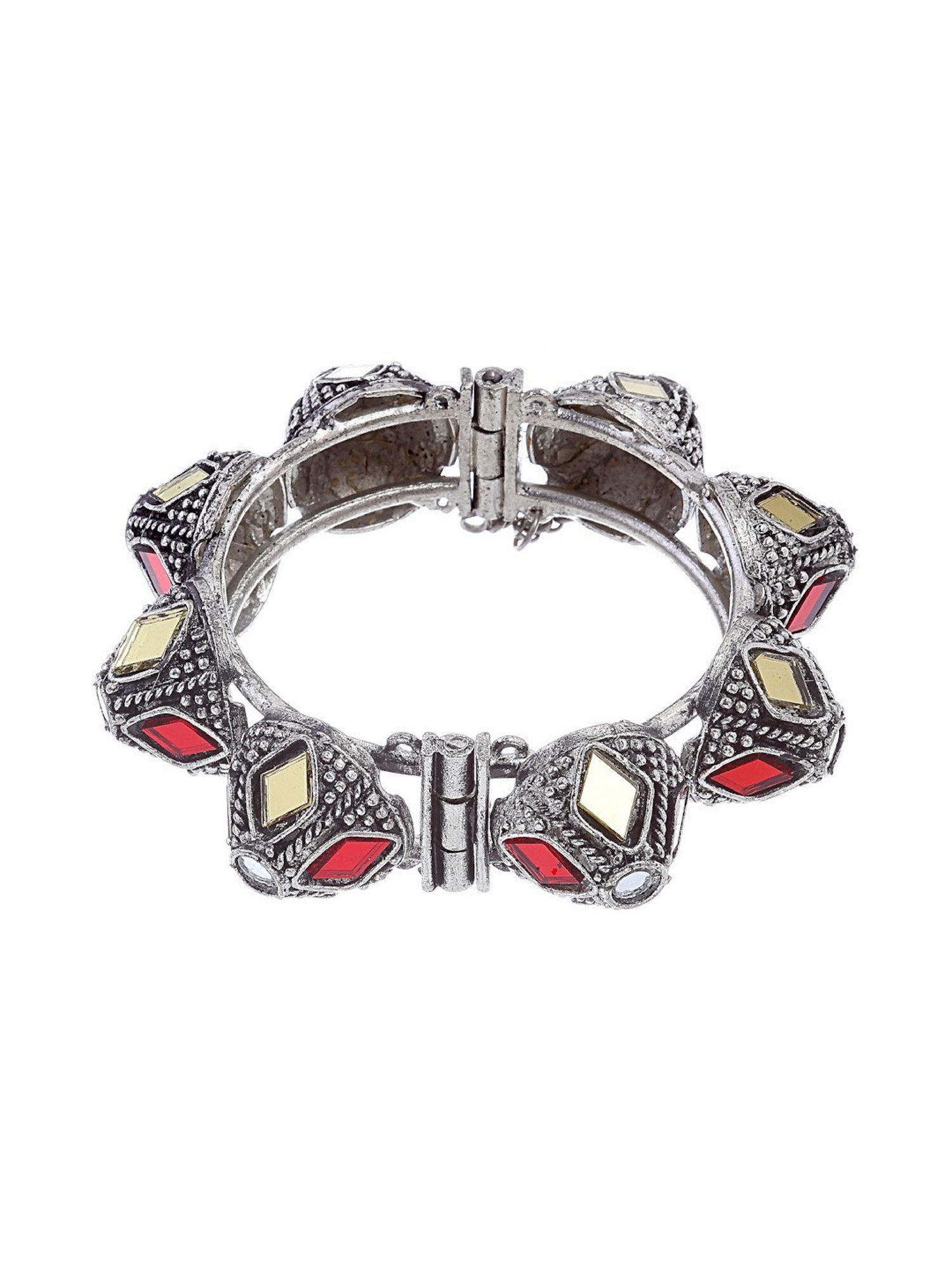 Moedbuille Mirrors Studded Tribal Afghan Design Oxidised Silver Plated Handcrafted Cuff Bracelet