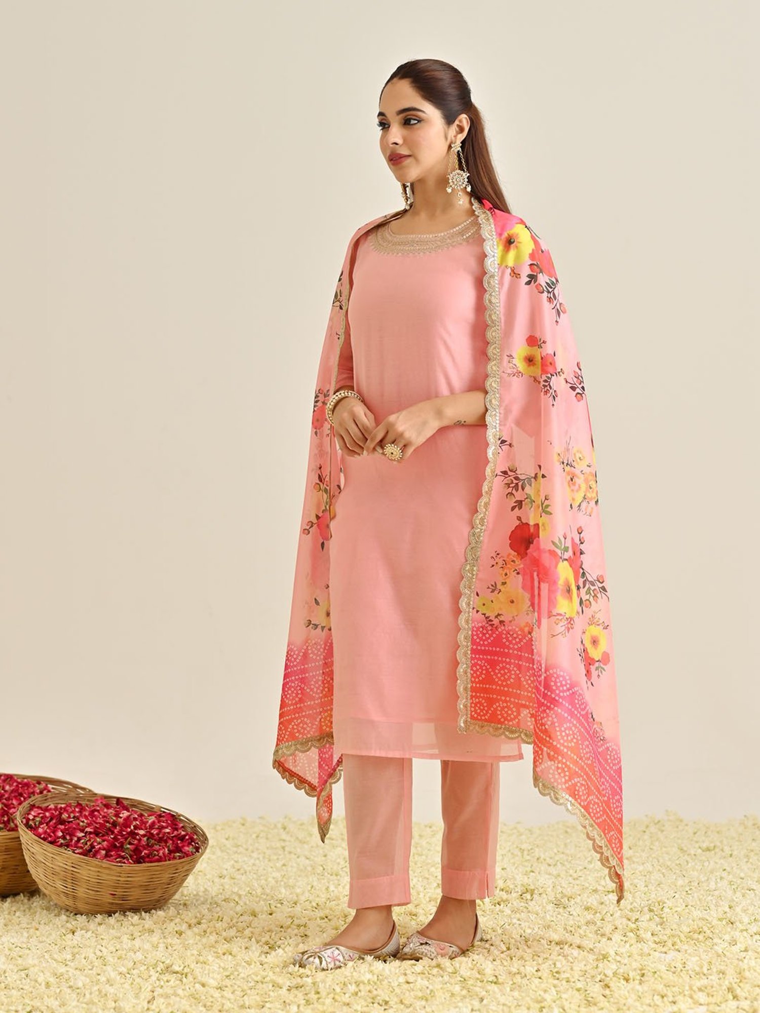 Rustorange Pink Embroidered Kurta With Pant & Dupatta