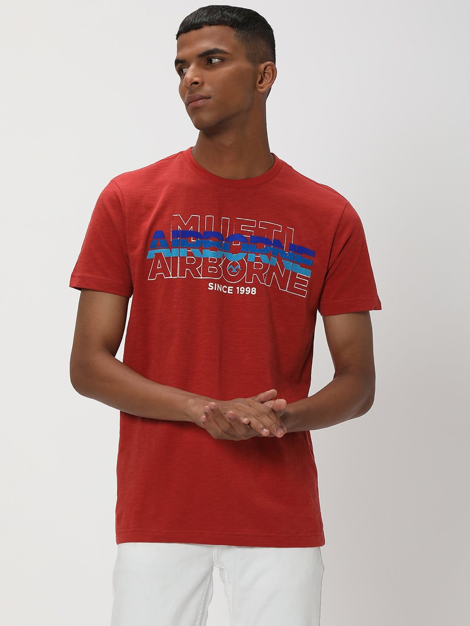 Mufti Red Slim Fit Printed Cotton Crew T-Shirt