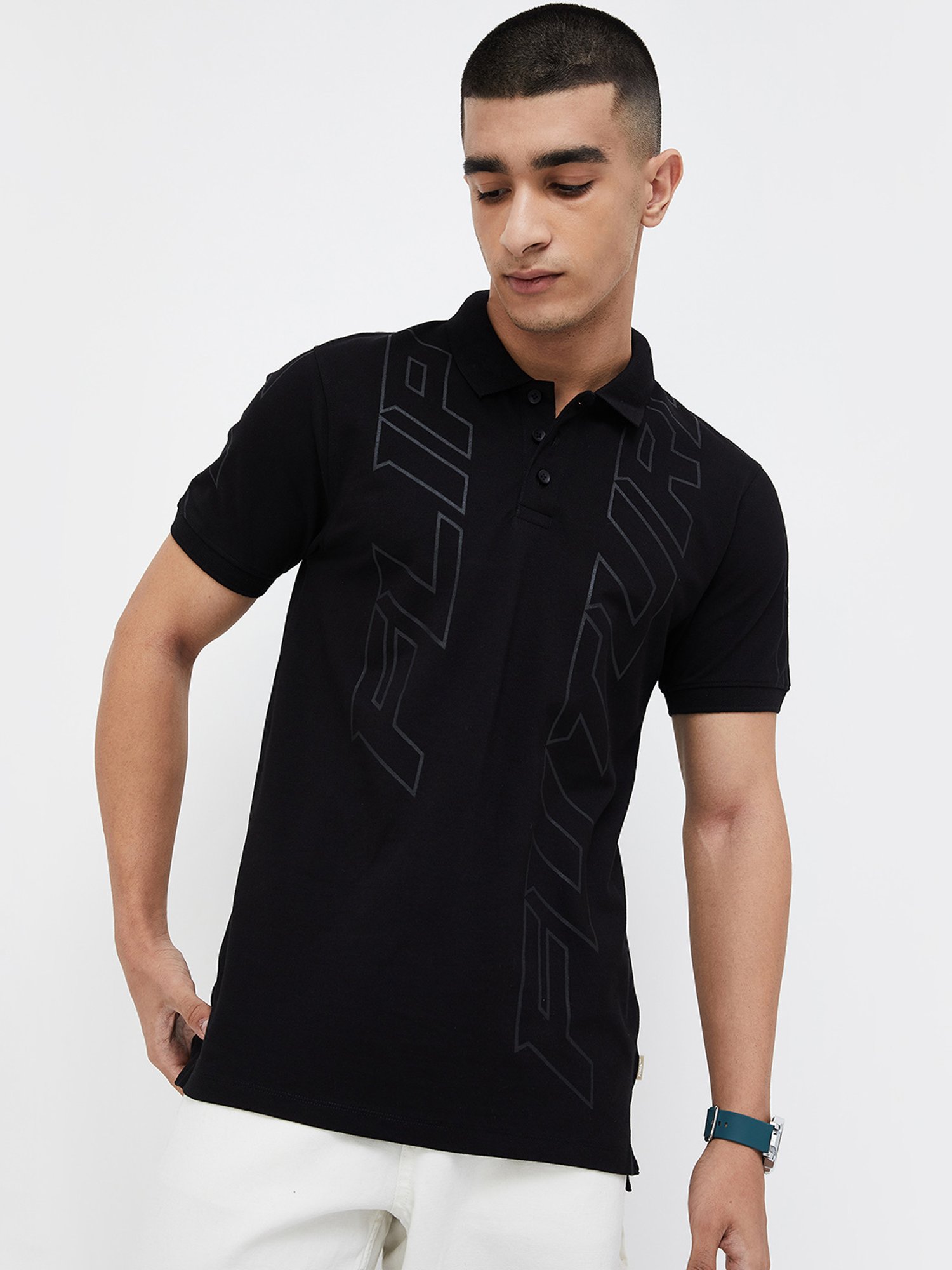 Forca by Lifestyle Black Regular Fit Printed Polo T-Shirt