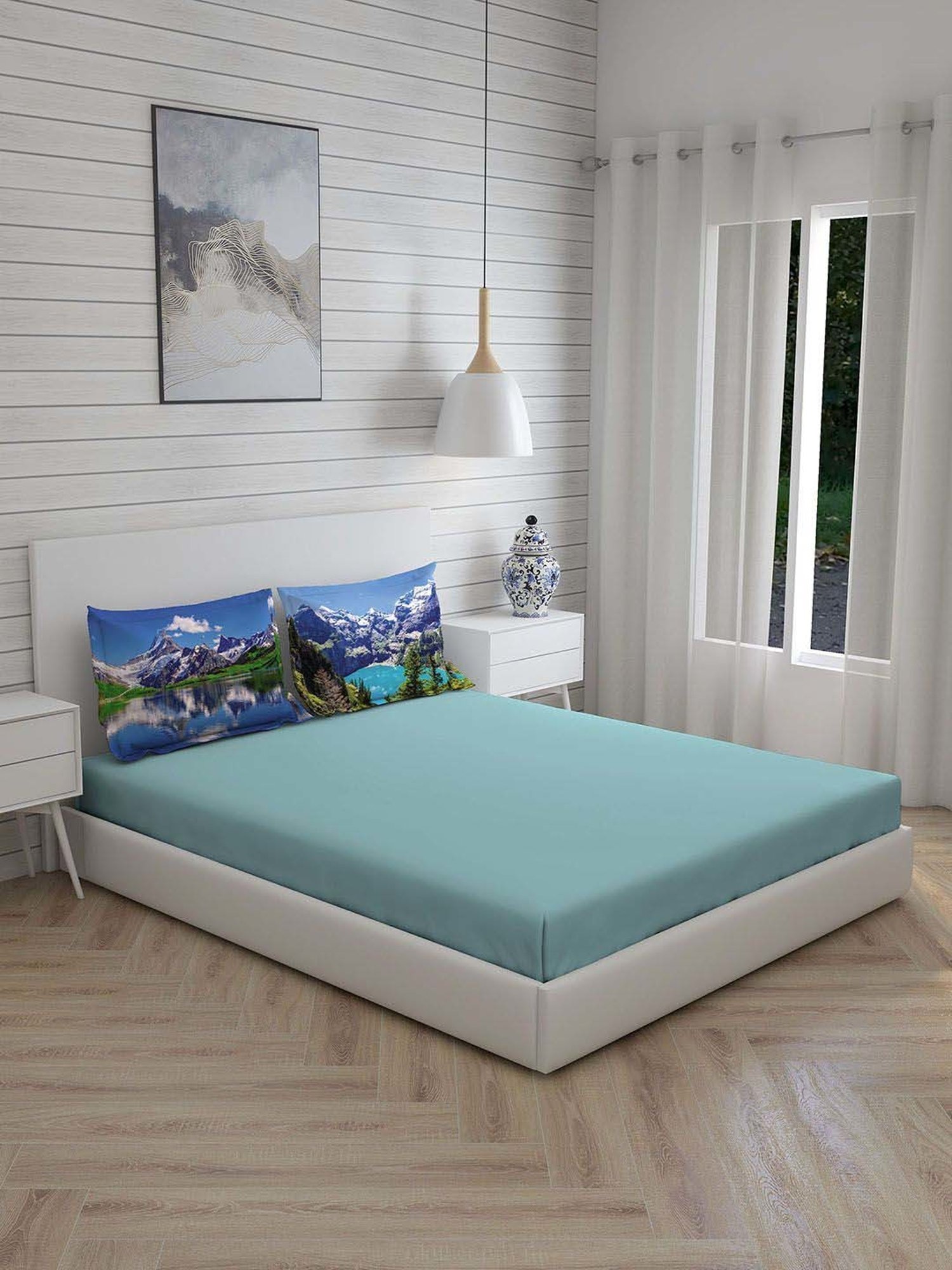 Boutique Living Globe Trotter Blue Cotton 200 TC King Size Bed Sheet with Pillow Cover