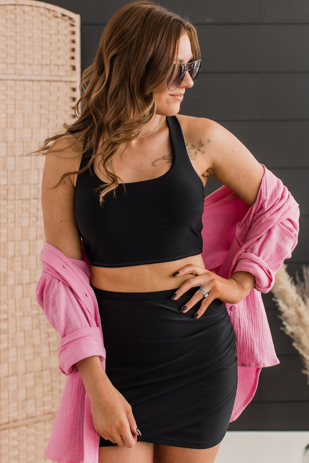 Black Plain Crossover Bikini Tank and Skort Swimwear