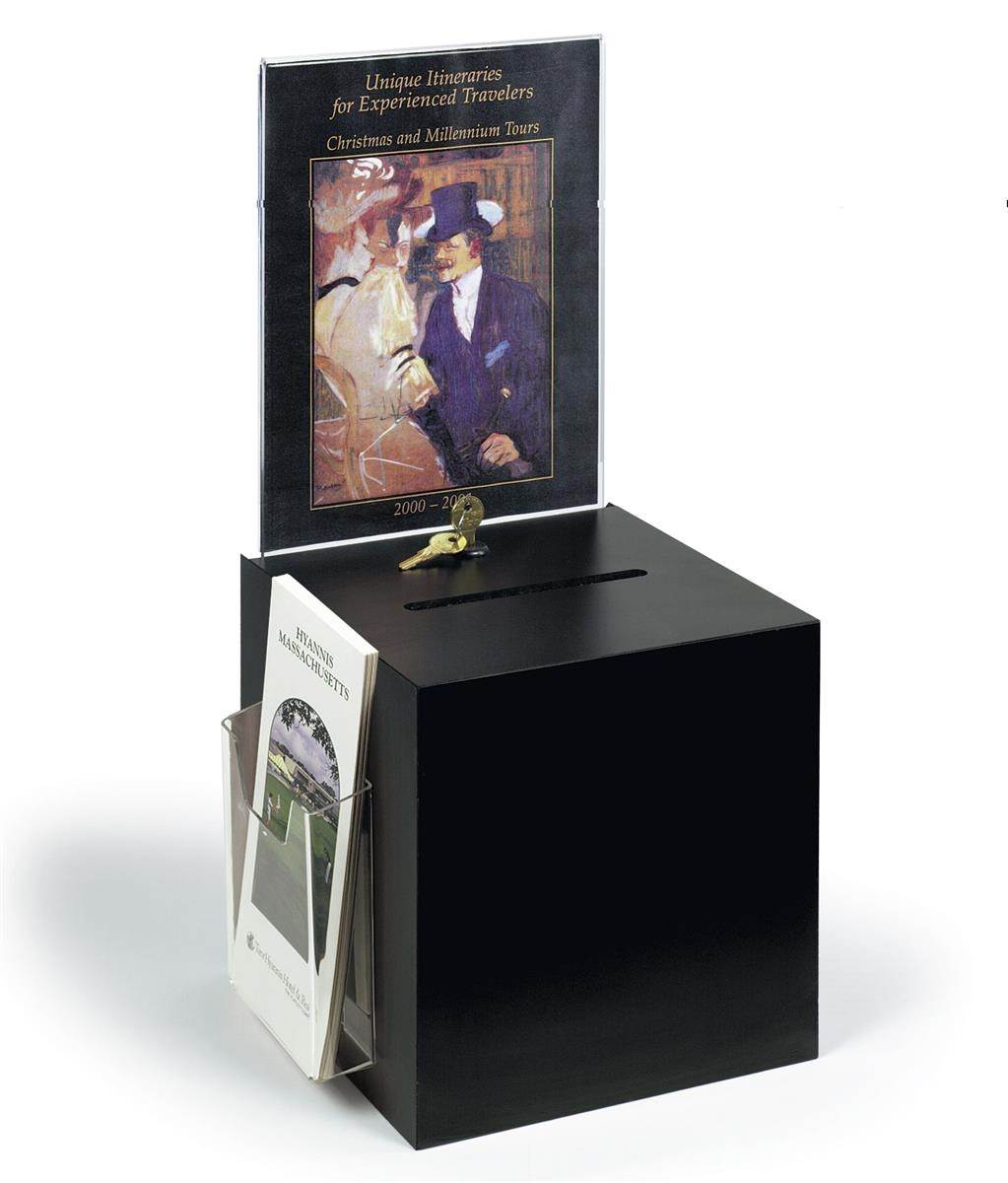 Acrylic Ballot Box, Donation Box with Key Lock, 8.5 by 11 inch Sign Holder and 4 inch wide Brochure Pocket - Black