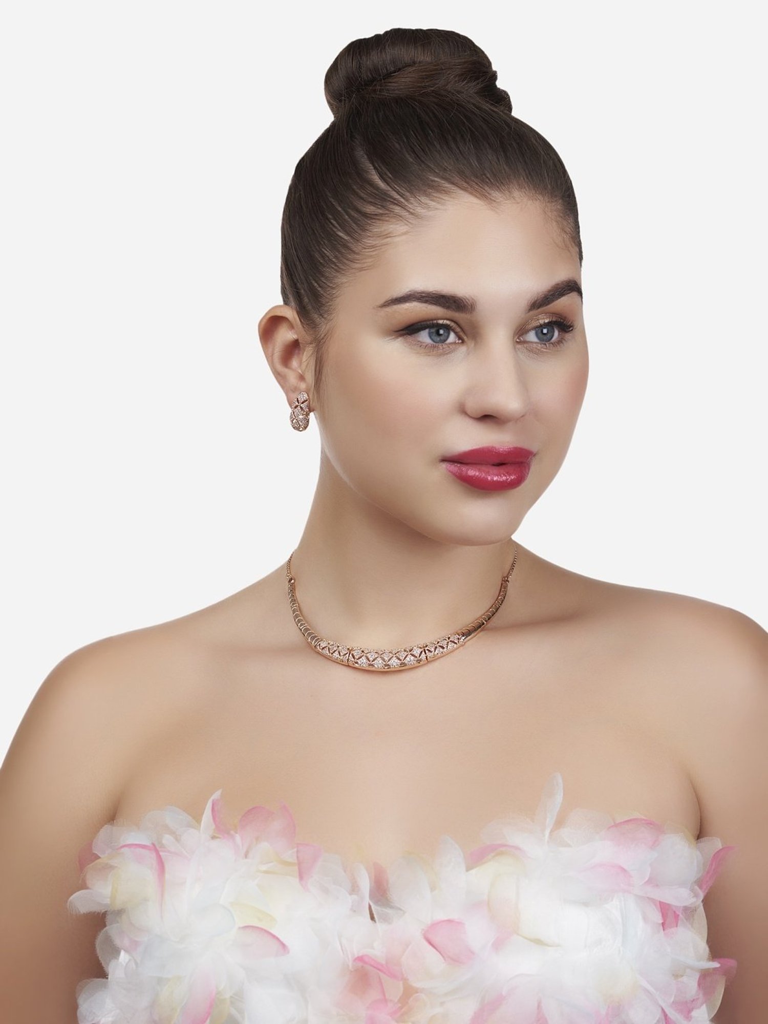 Zaveri Pearls Rose Gold Cubic Zirconia Party Bling Necklace & Earring Set-ZPFK15274