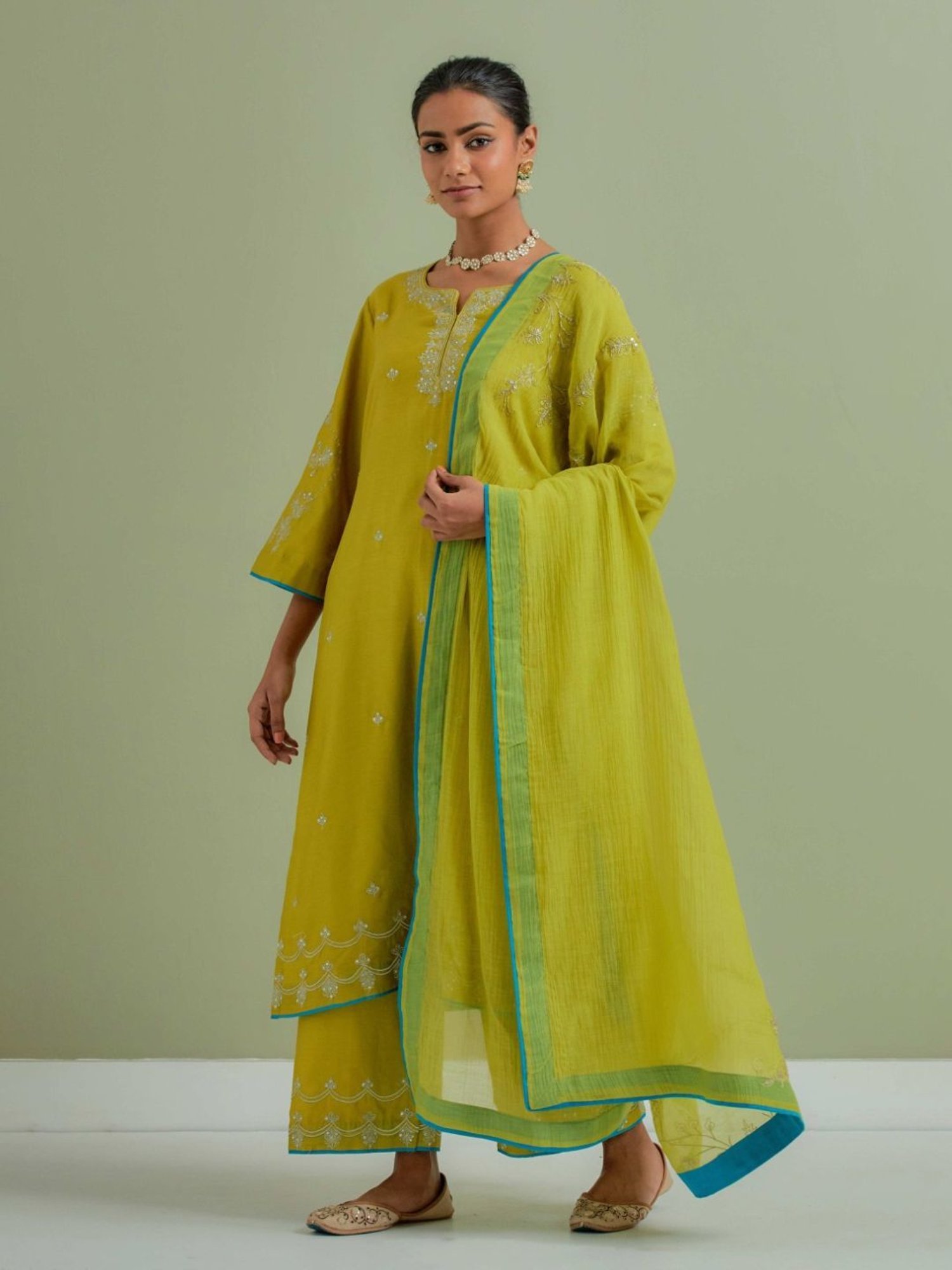 Priya Chaudhary Lime Green Qainat Embroidered Chanderi Silk Kurta
