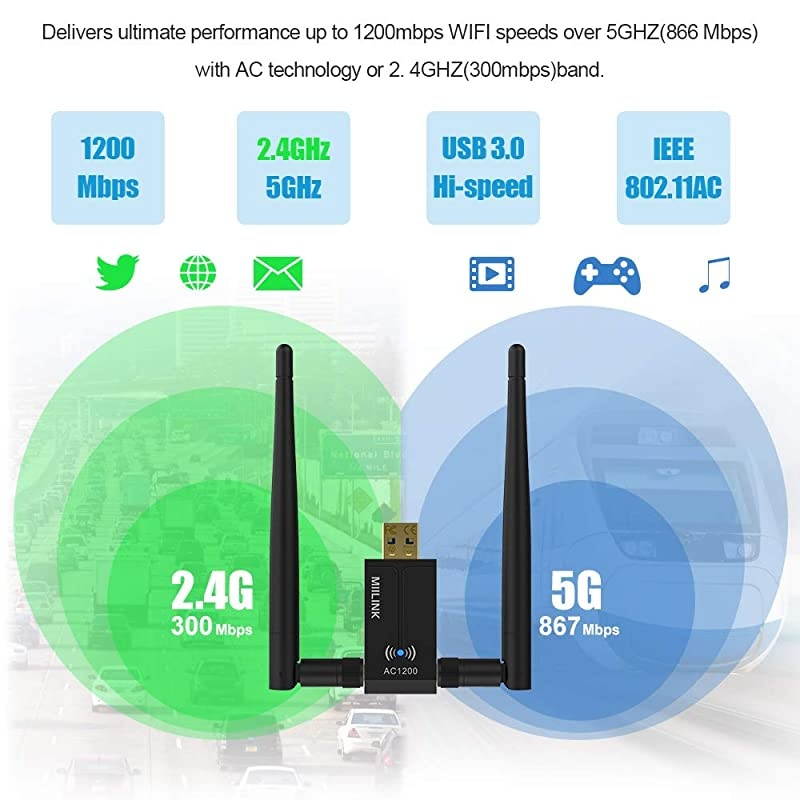 Wireless USB WiFi Adapter for PC/Desktop,1200Mbps Dual Band 2.4GHz/5GHz High Gain 5dBi Antennas USB 3.0 Wireless Network Adapter Supports Windows Linux/10/8/7/XP/Vista,Mac OS 10.11-10.14