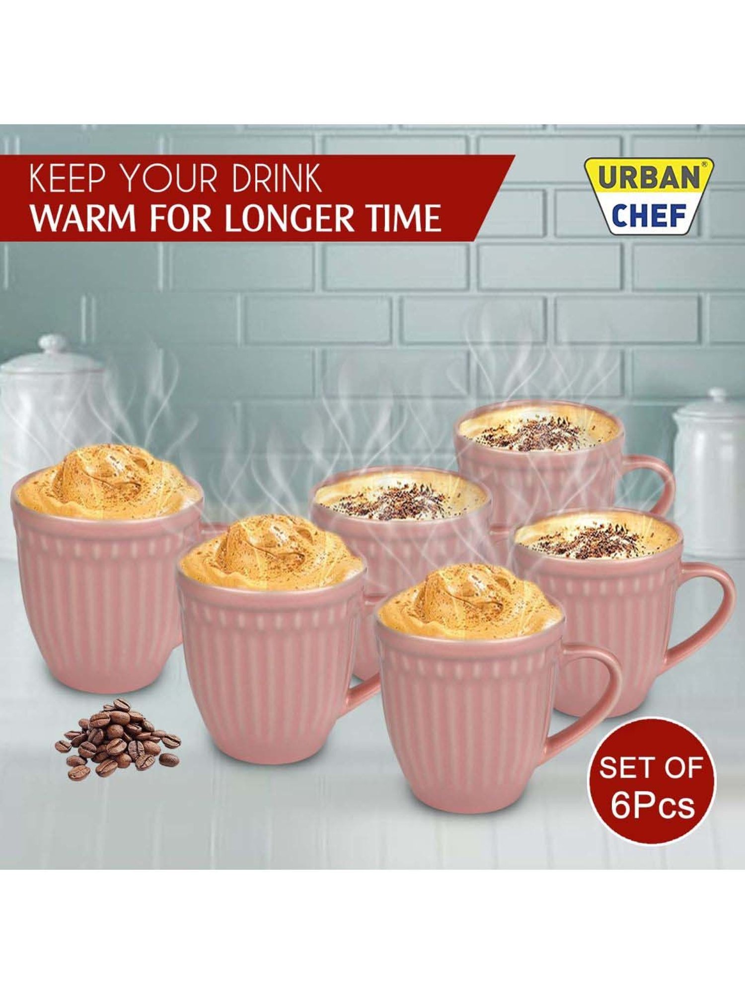 Urban Chef Pink Ceramic Handcrafted Microwave Safe Tea Cup - Set of 6