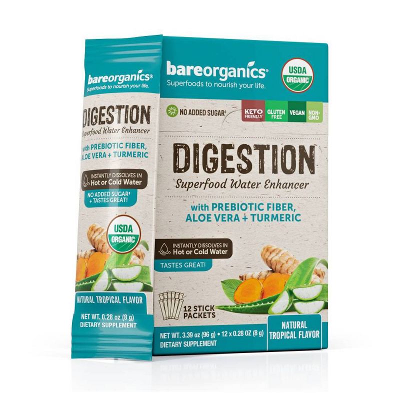 BareOrganics Superfood Water Enhancer Digestive Health Blend Powder Packets - 12ct