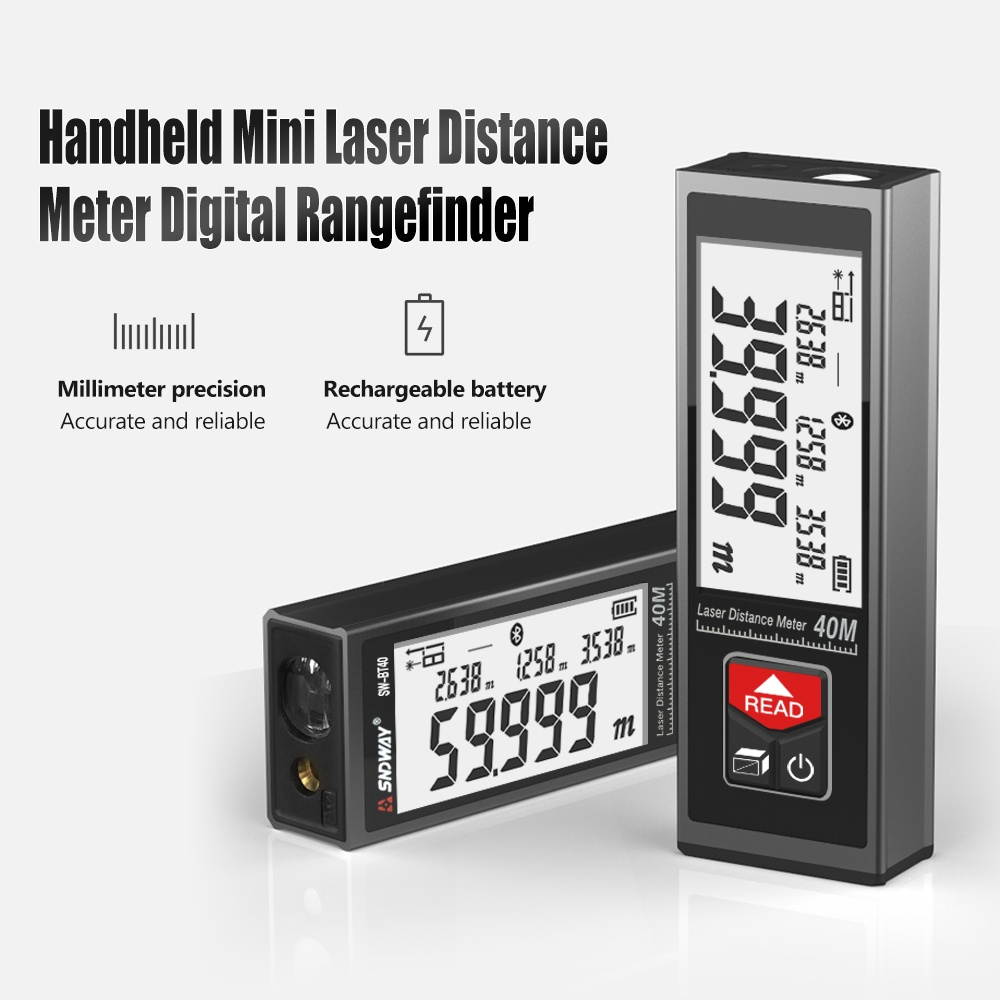 SNDWAY SW-B60 Laser Distance Meter Handheld Rangefinder Digital Mini Distance Measuring Meter Indoor Rechargeable Electronic Space Measurement Device for Length Area Volume