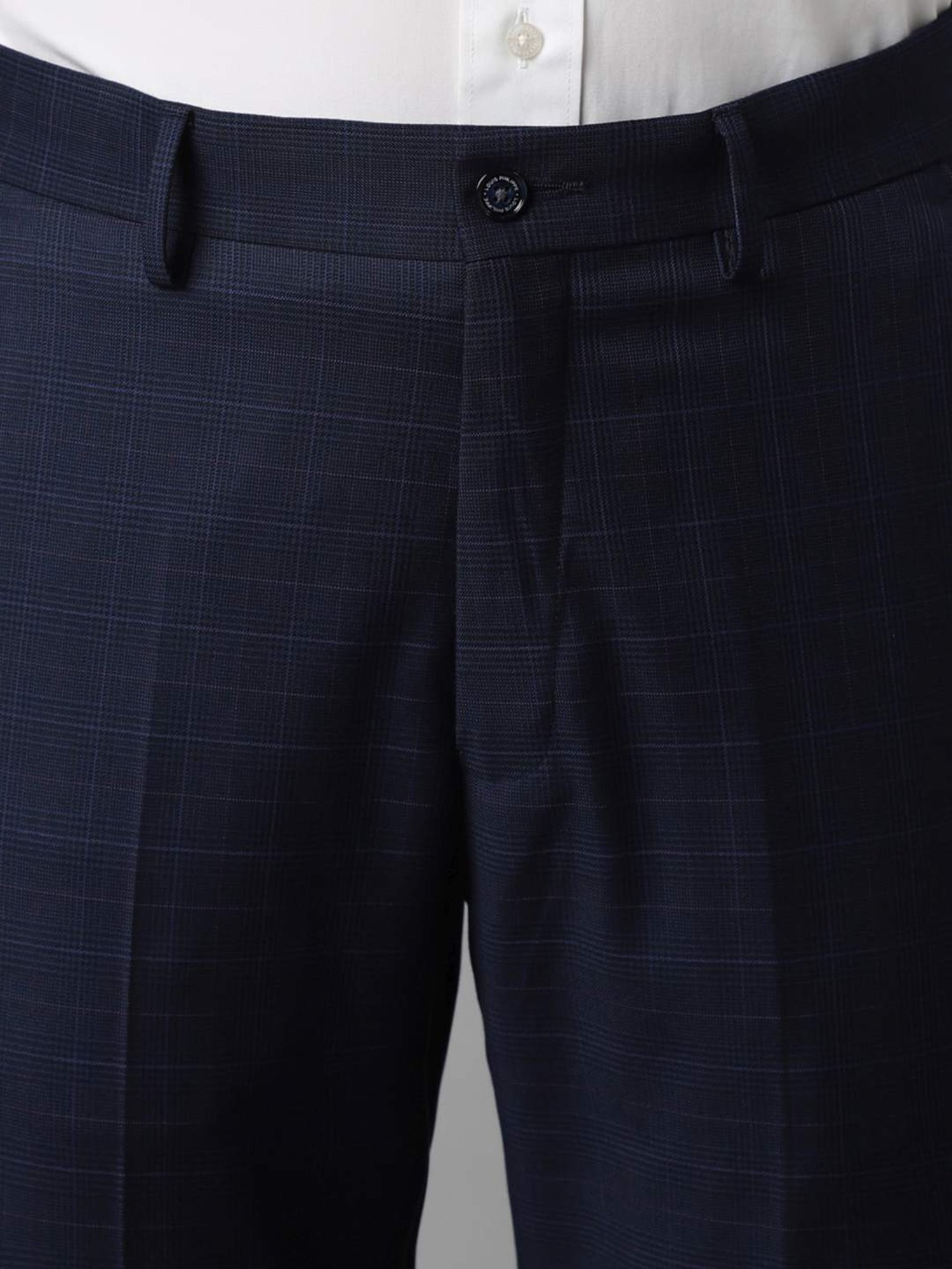 Louis Philippe Navy Slim Fit Checks Trousers