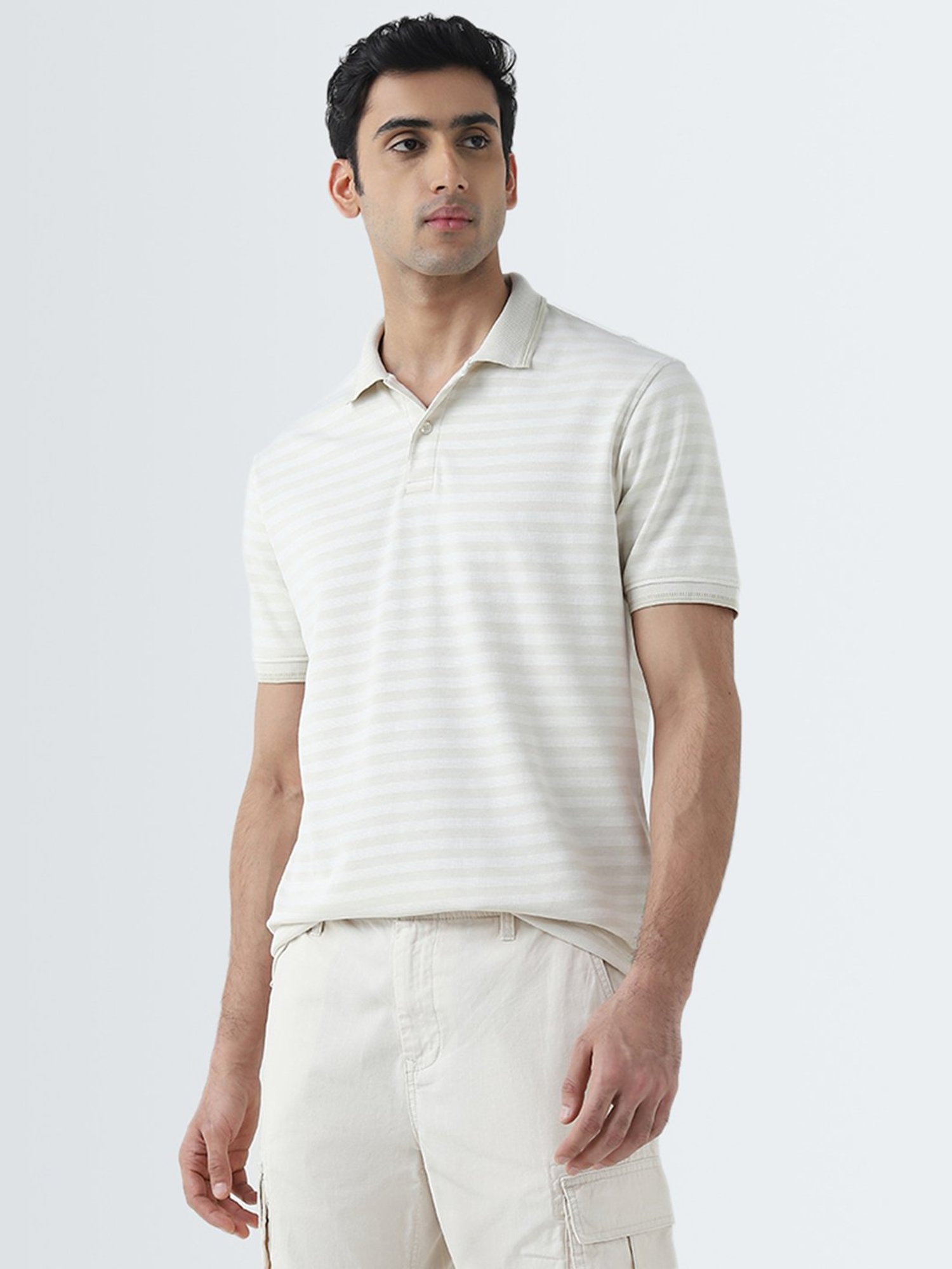 WES Casuals by Westside Beige Stripe Design Relaxed-Fit Polo T-Shirt