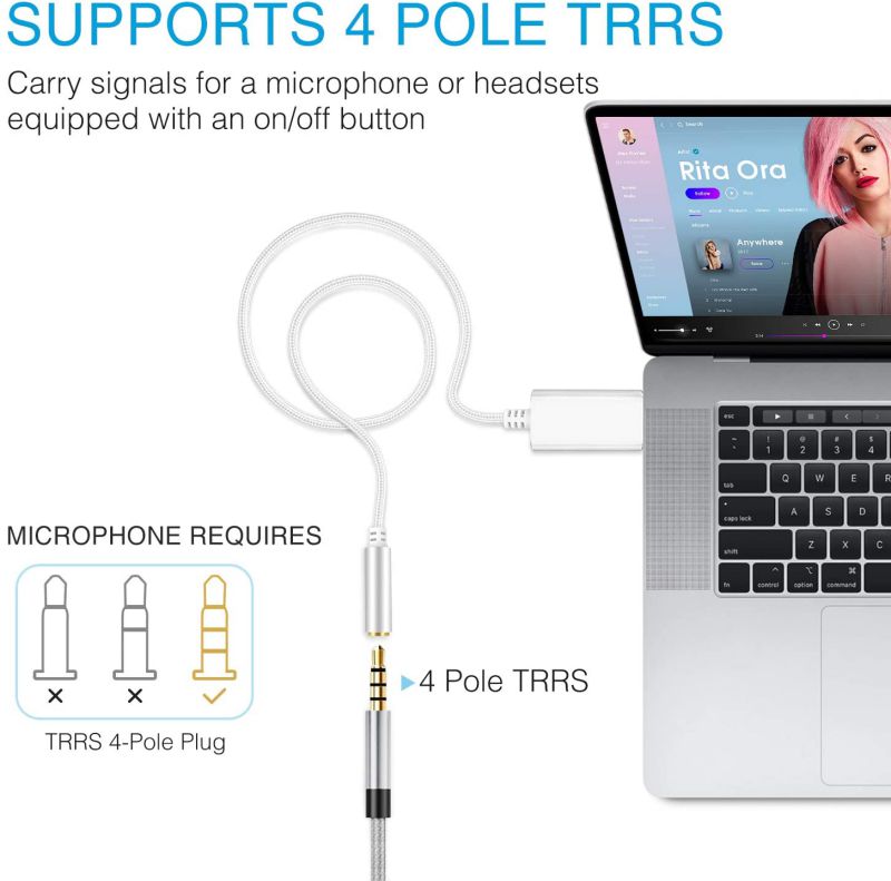 CUUWE USB to 3.5mm Jack Audio Adapter, USB to Aux Cable with TRRS 4-Pole Mic-Supported USB to Headphone AUX Adapter Built-in Chip External Sound Card for PC PS4 PS5 and More [7.69 inch]