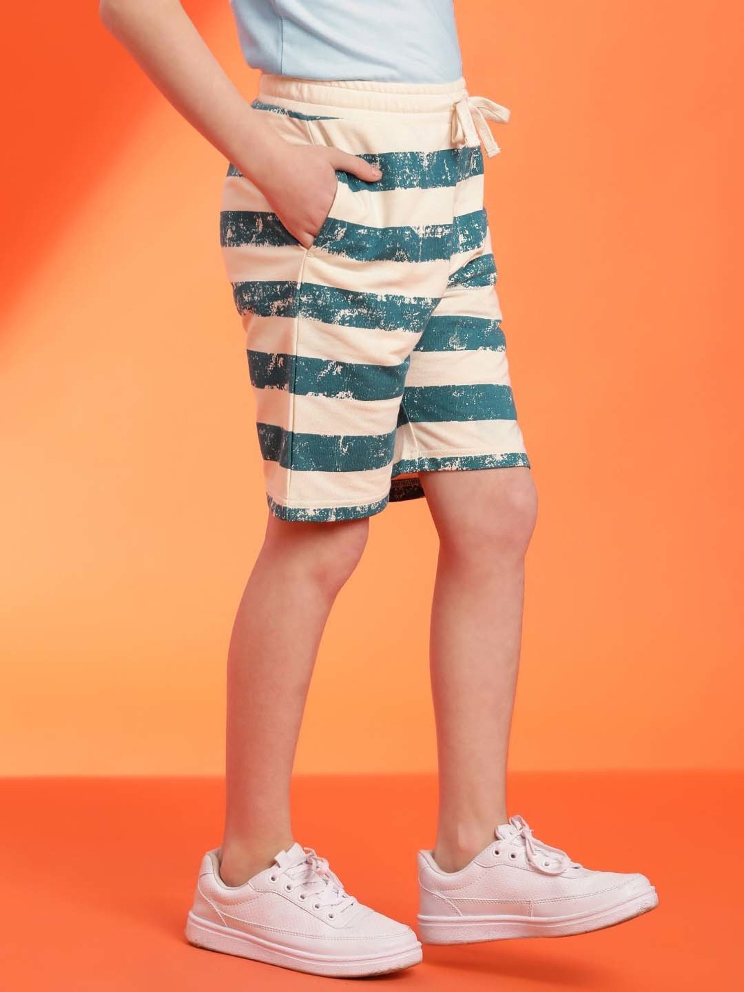 Lil Tomatoes Kids Teal Blue & Cream Striped Bermuda