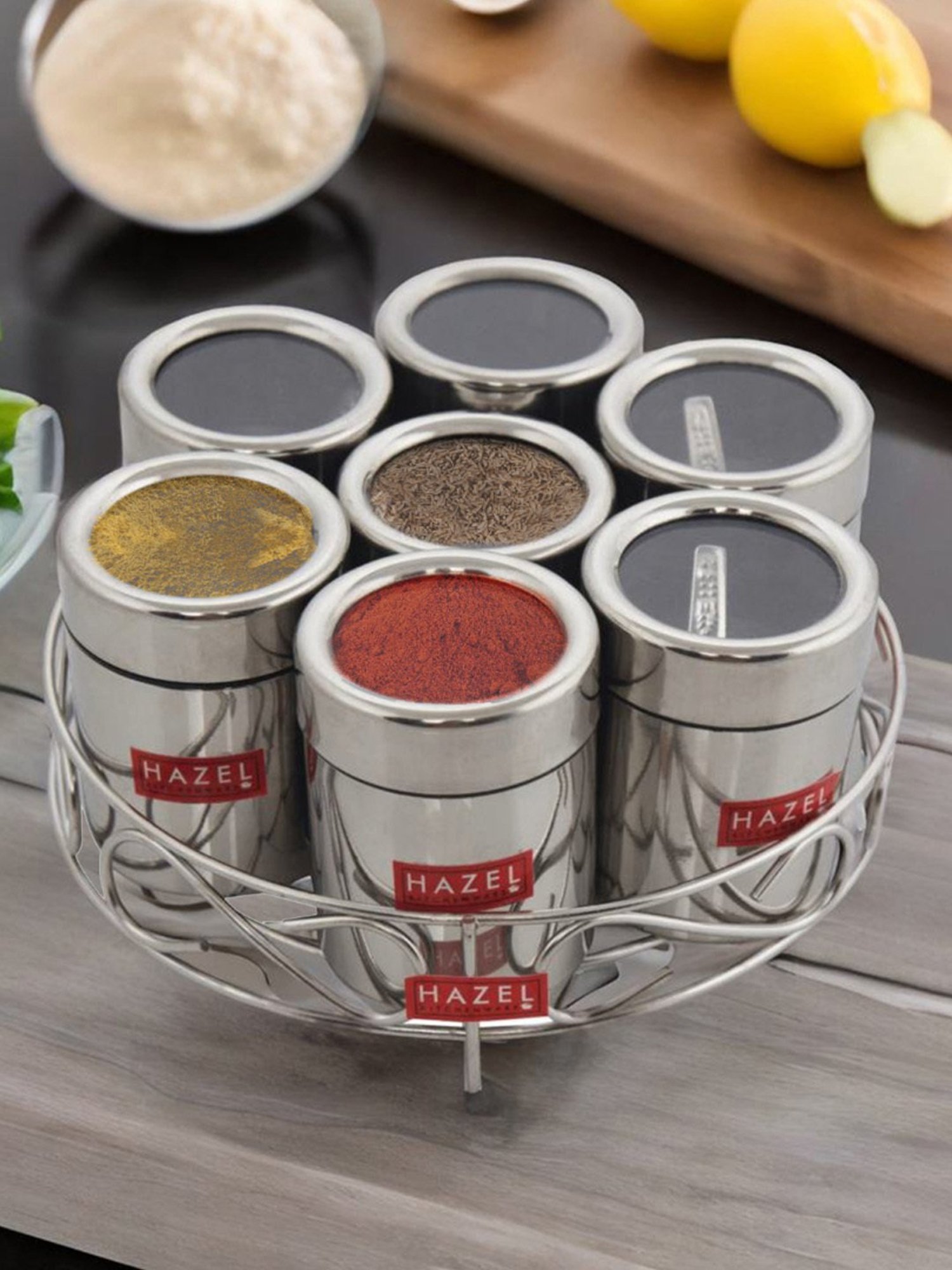 HAZEL Silver Stainless Steel Classic 7 in 1 Masala & Dry Fruit Container Stand with Lid (0.125L)