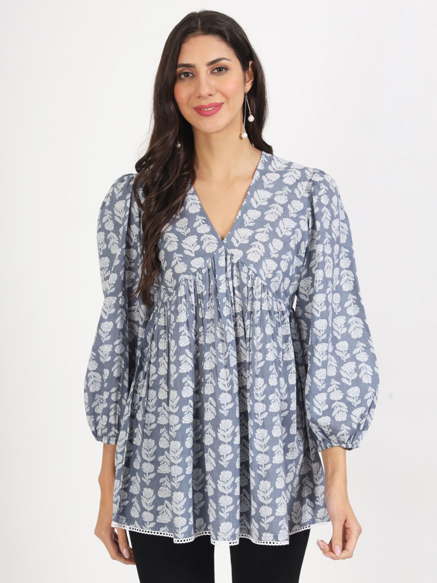 Divena Grey Cotton Floral Print Top