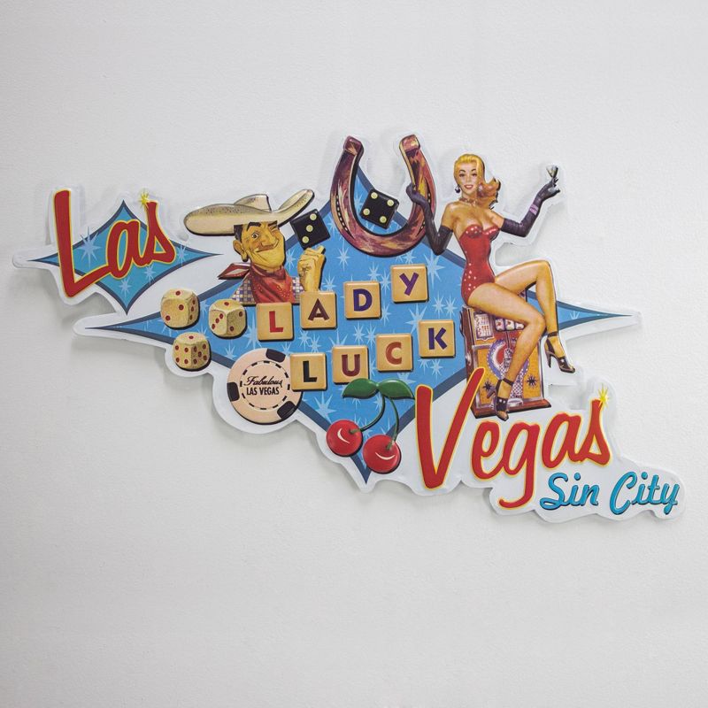 Las Vegas Lady Luck Embossed Metal Sign Sky Blue/Red - Crystal Art Gallery