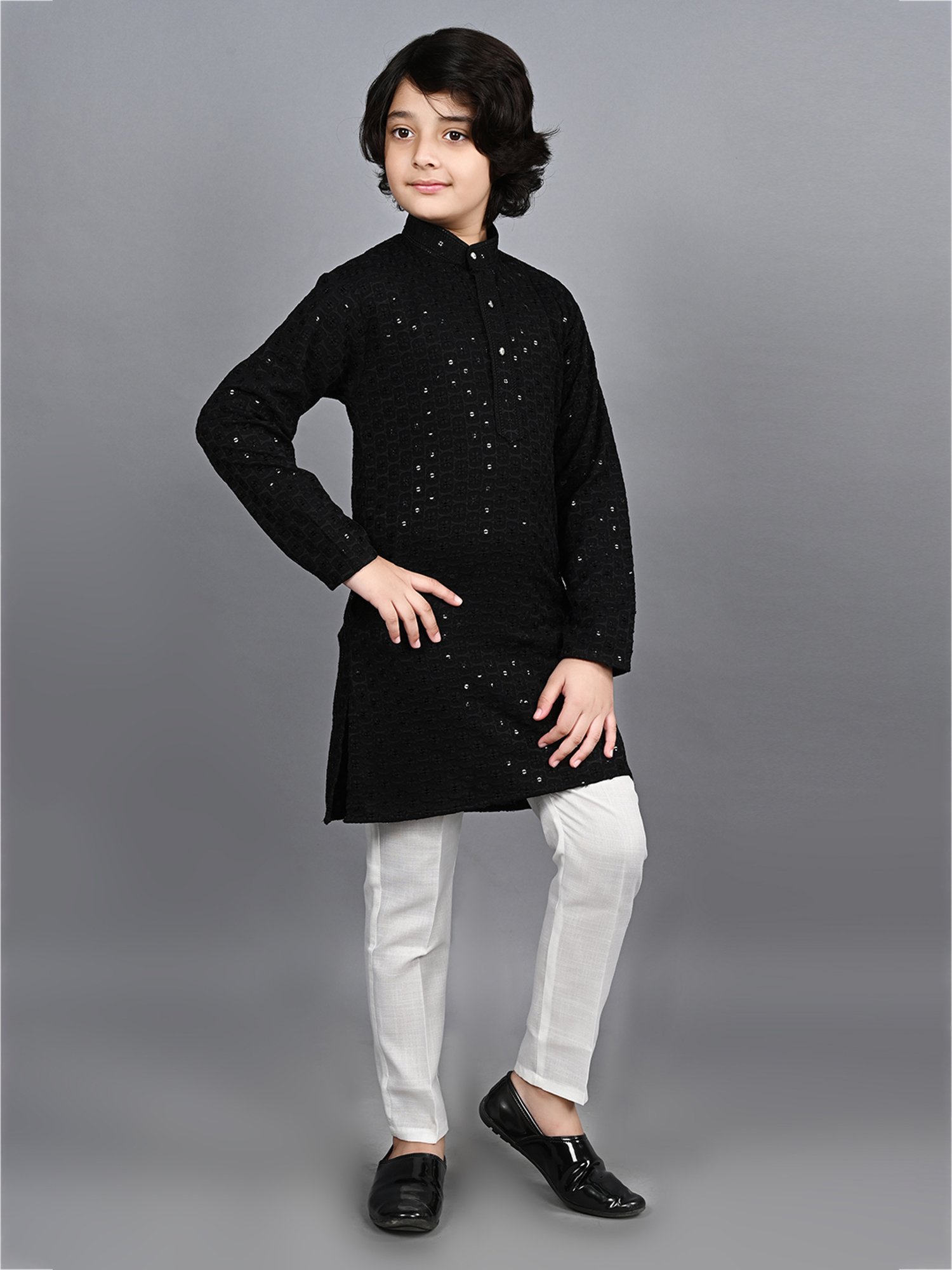 Ahhaaaa Kids Black & White Embellished Full Sleeves Kurta With Pyjamas