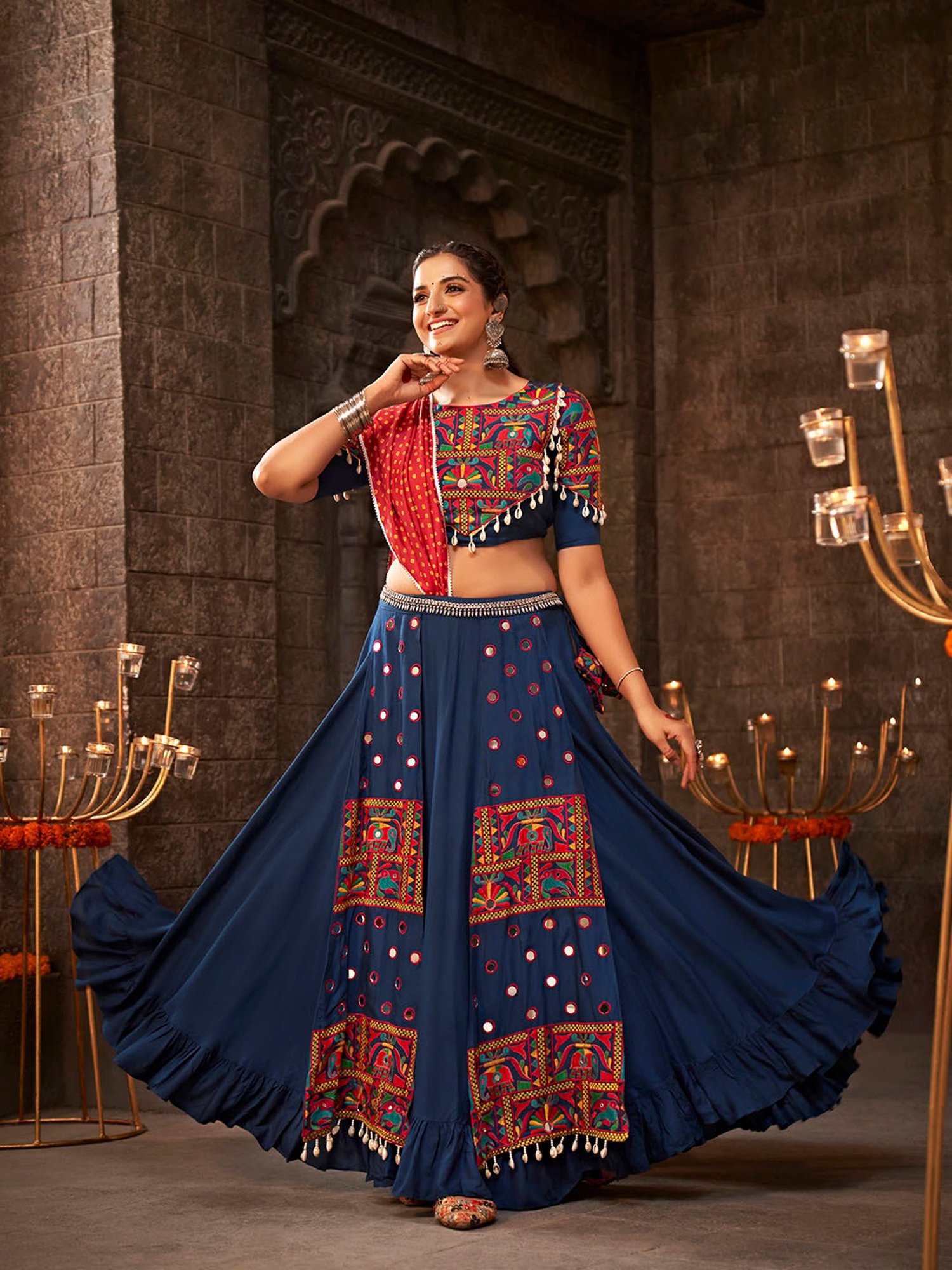 SHUBHKALA Dark Blue Embroidered Lehenga Choli Set With Dupatta