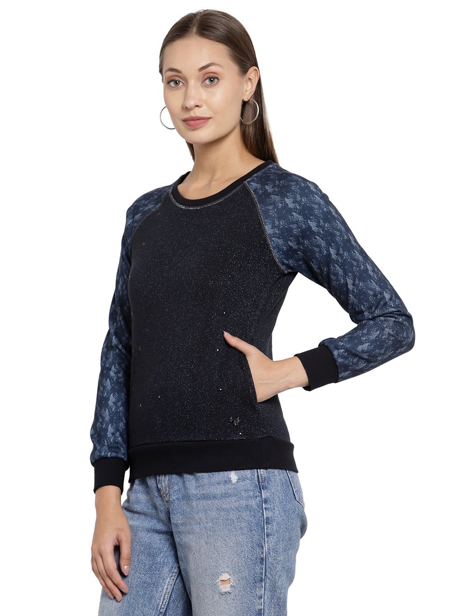 Juelle Navy Embellished Round Neck Sweatshirt