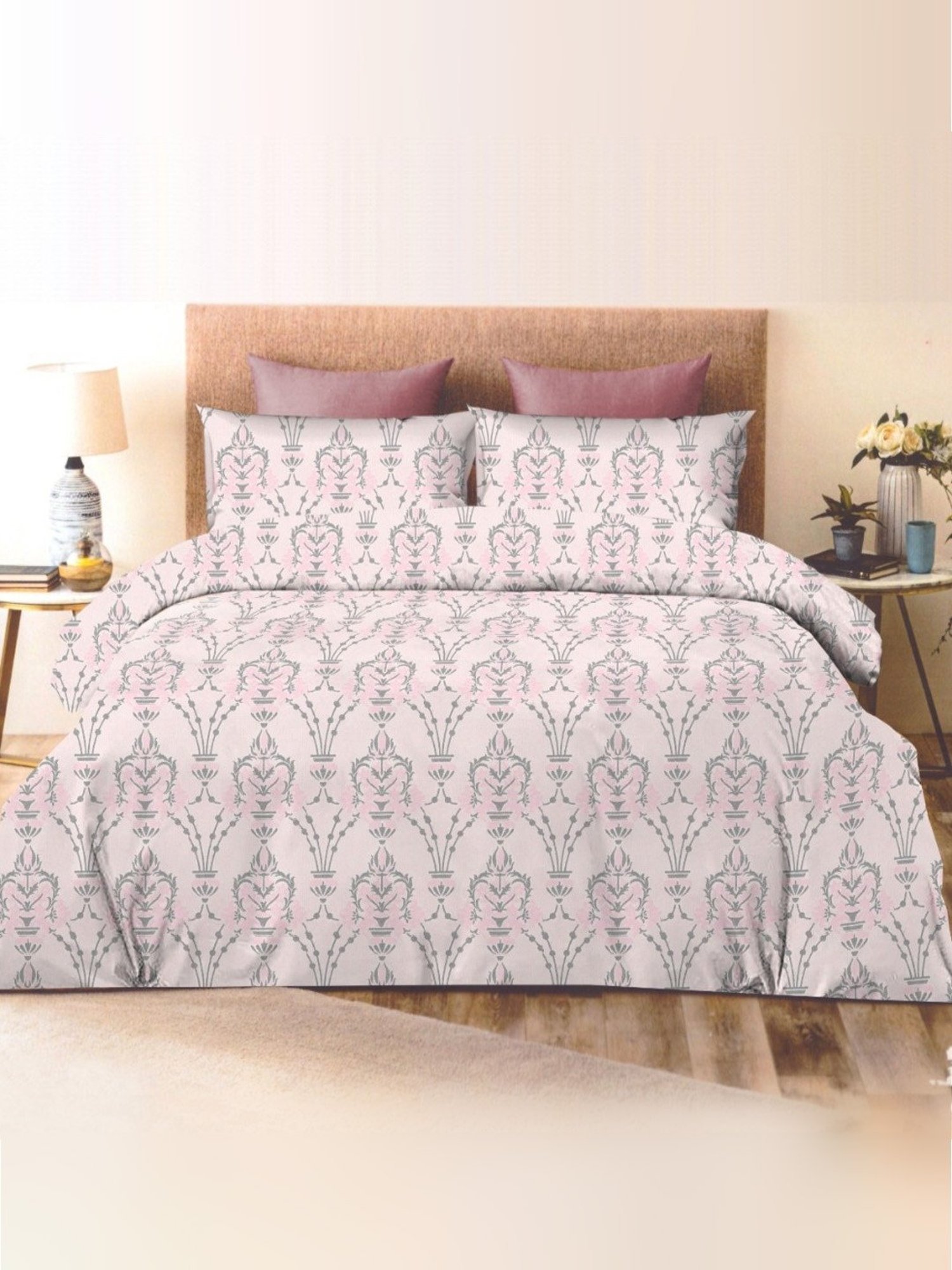 Ariana Capri Abstract Grey 400 TC Cotton Super king Bedsheet with 2 Pillow Covers