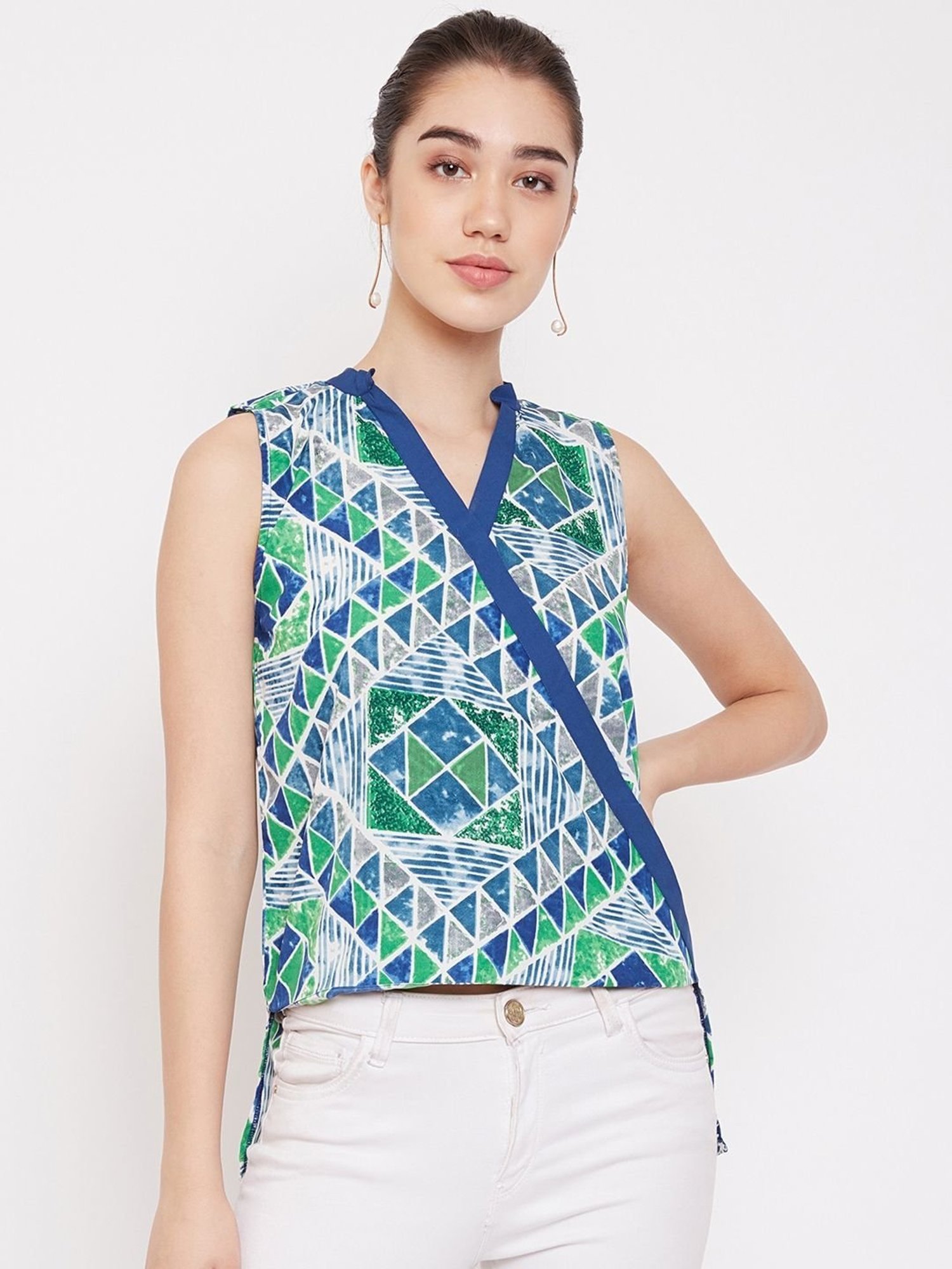PURYS Blue Geometric Print Top