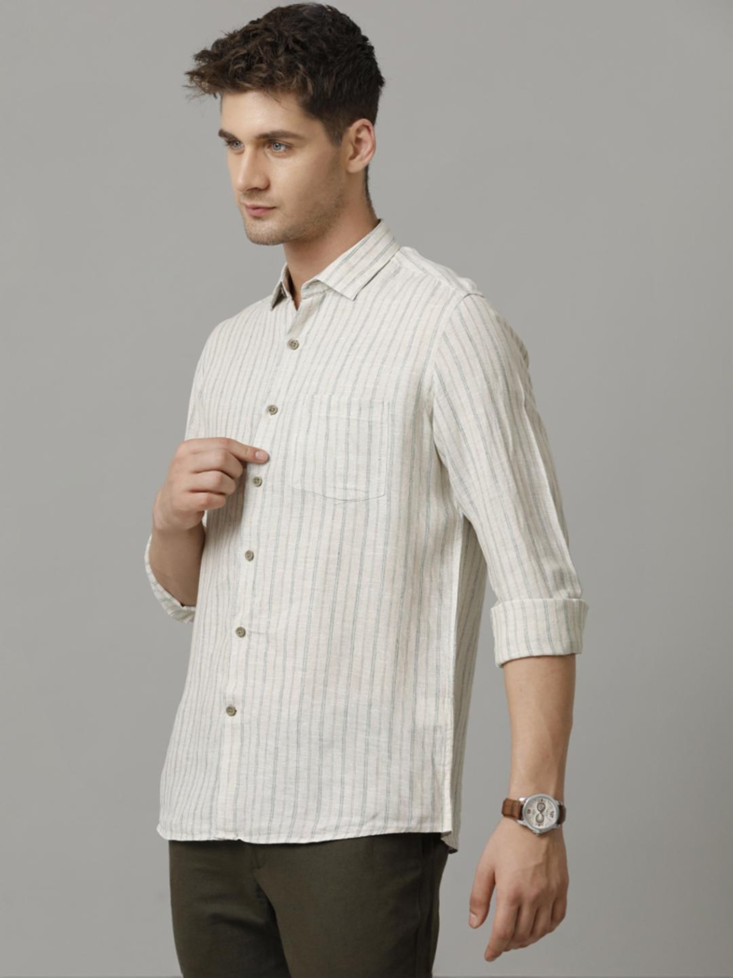 Linen Club Beige Linen Contemporary Fit Striped Shirt