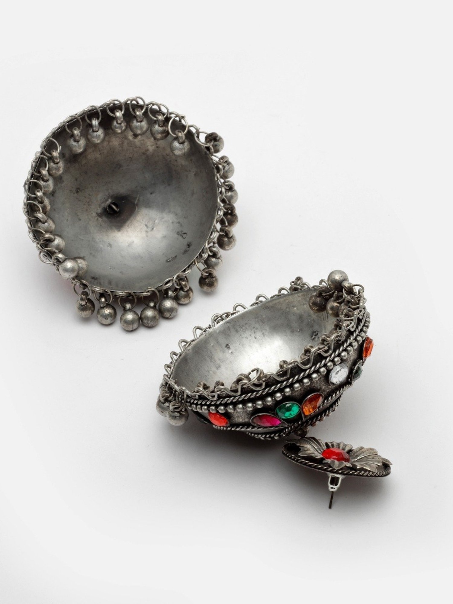 Moedbuille Crystals Tribal Tassell Design Oxidised Silver Plated Handcrafted Floral Earrings