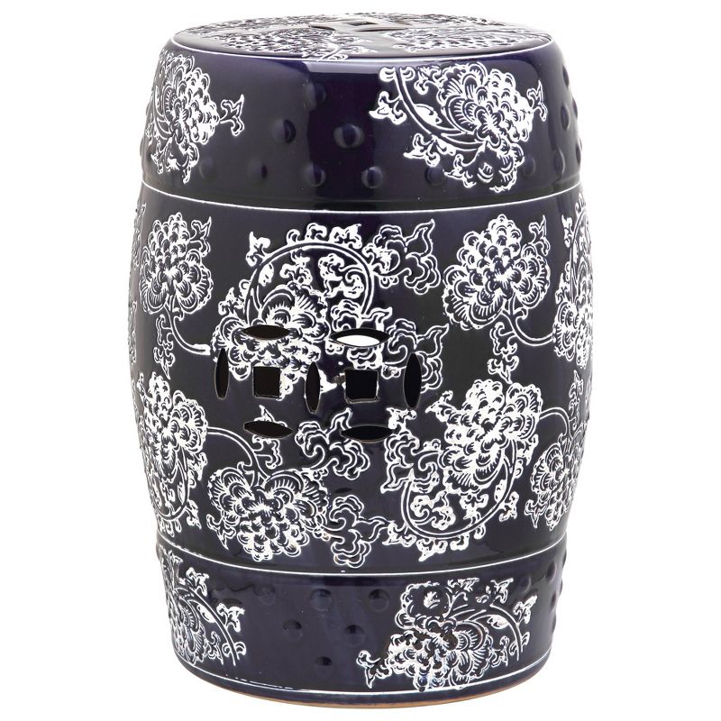 Midnight Flower Garden Patio Stool - Navy/White - Safavieh