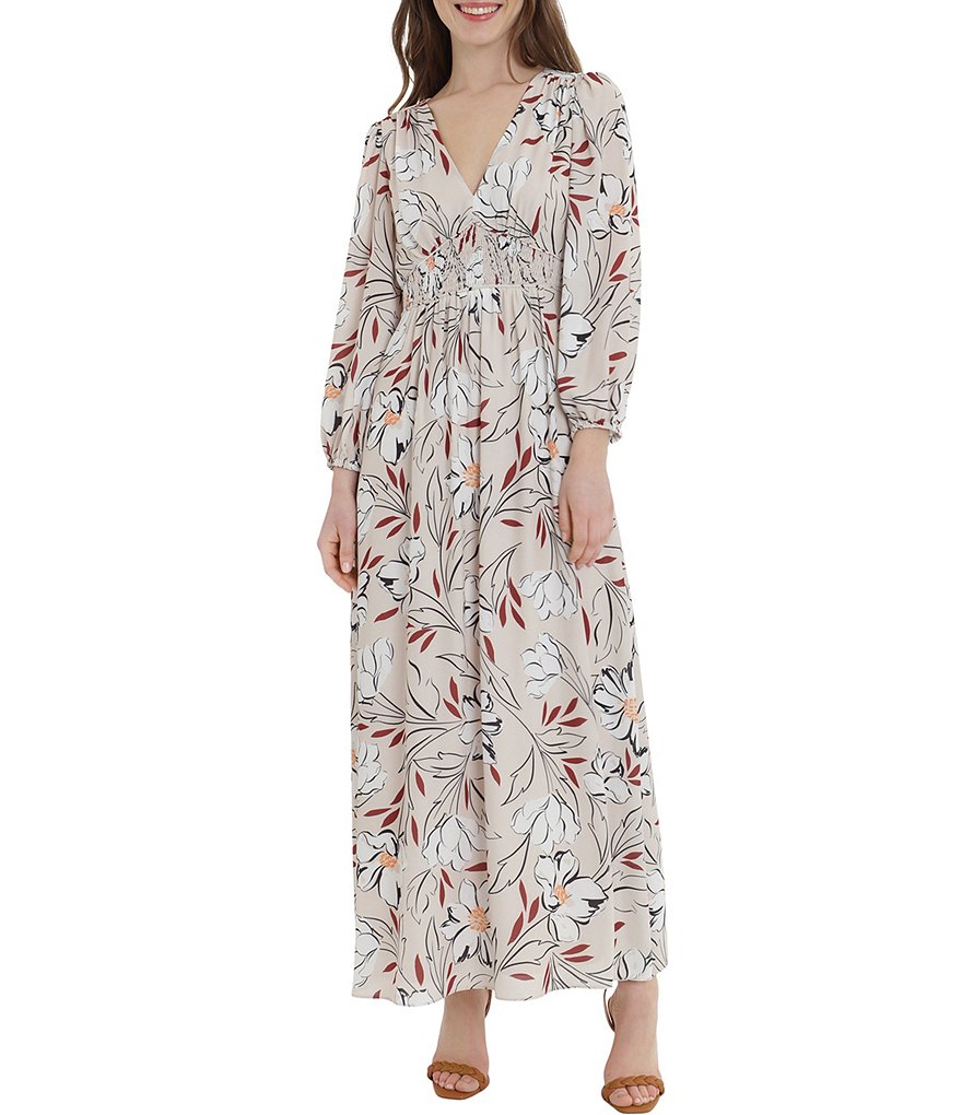 Donna Morgan Long Sleeve Smocked Floral V-Neck Maxi Dress